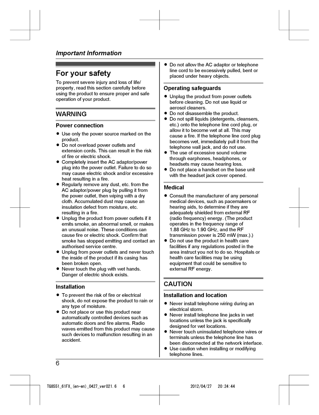 Panasonic KX-TG8561FX, KX-TG8551FX operating instructions For your safety 