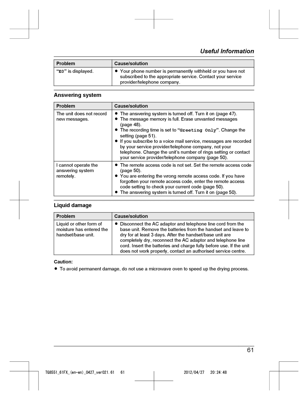Panasonic KX-TG8551FX, KX-TG8561FX operating instructions Answering system, Liquid damage, E0 is displayed 