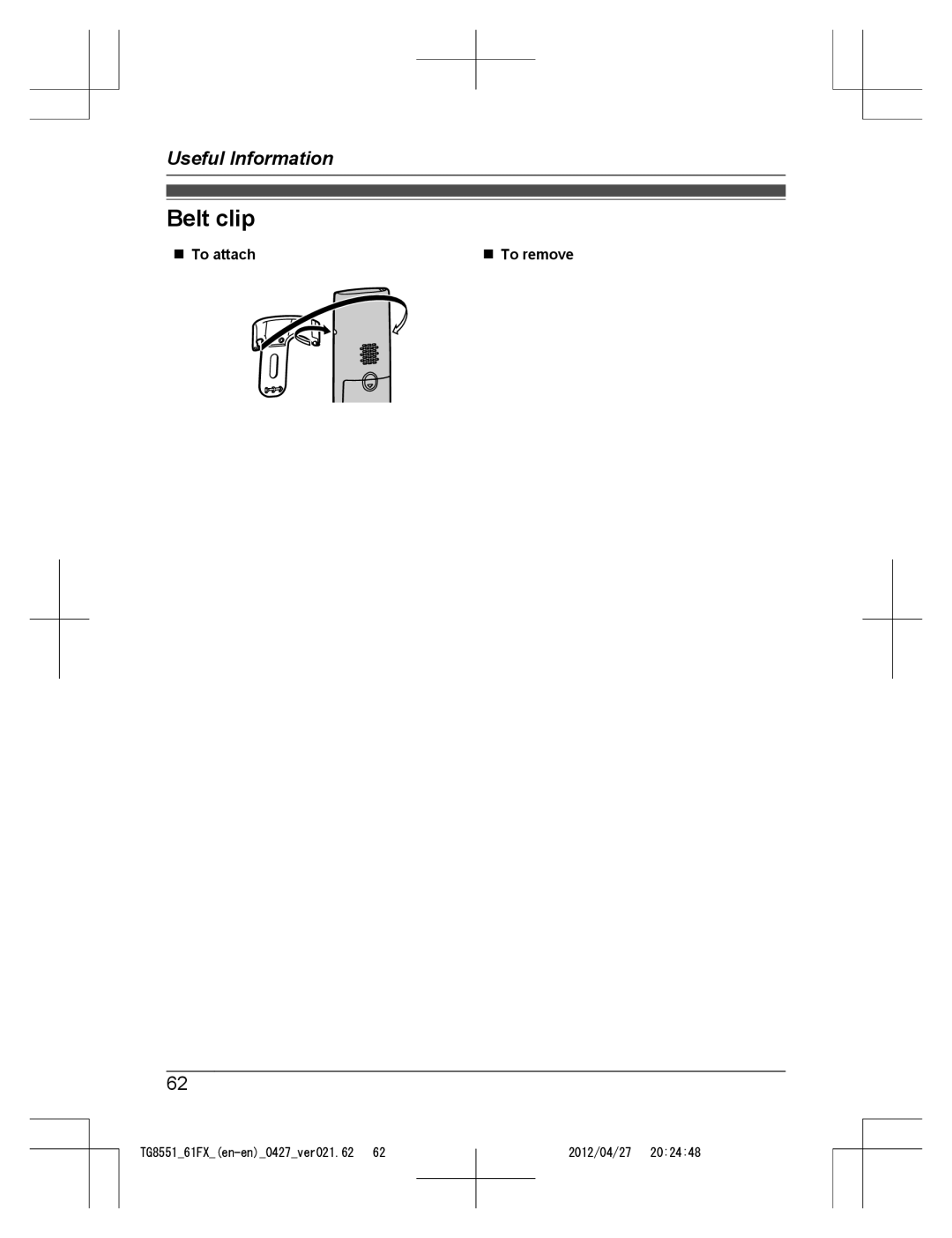 Panasonic KX-TG8561FX, KX-TG8551FX operating instructions Belt clip, To attach 