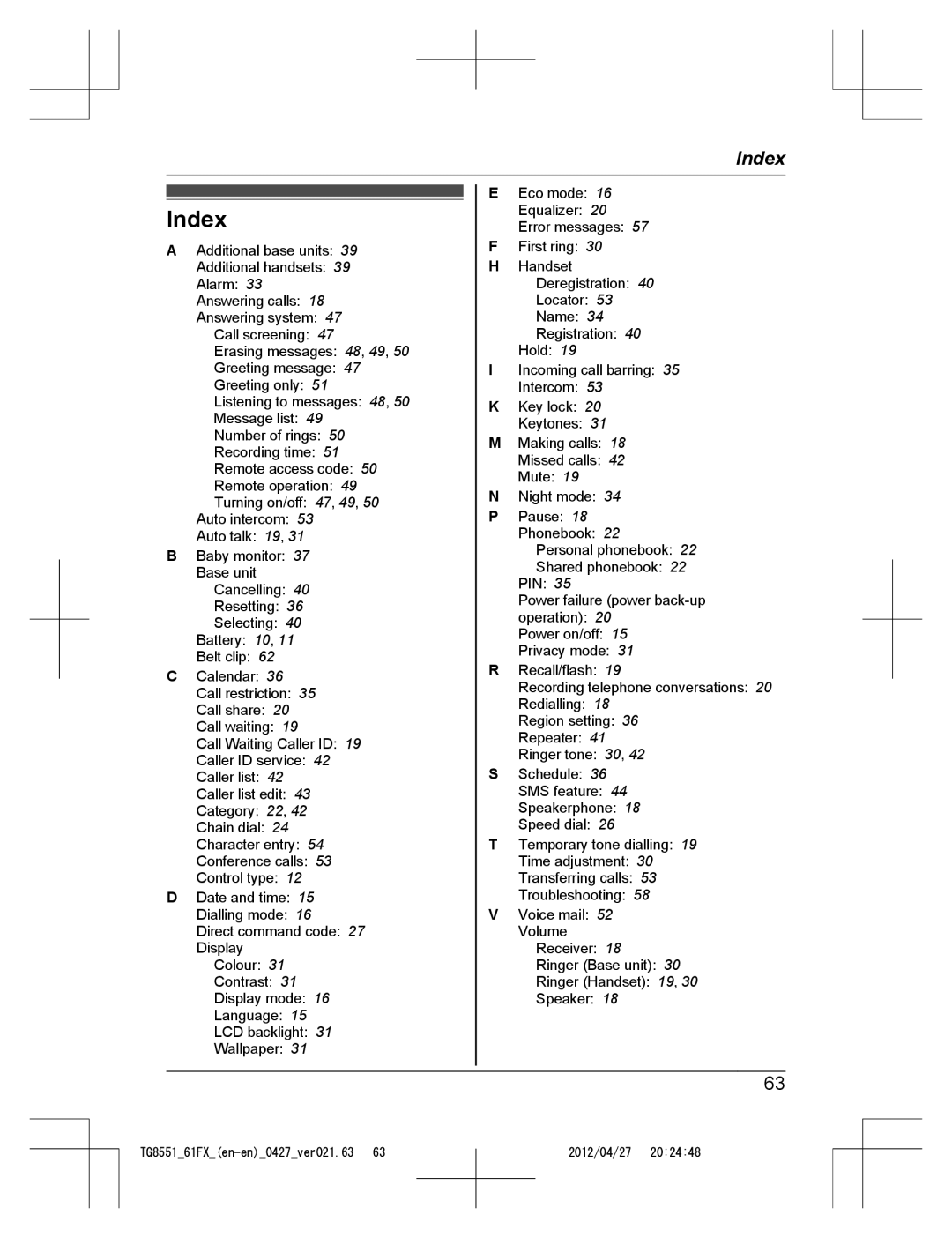 Panasonic KX-TG8551FX, KX-TG8561FX operating instructions Index 