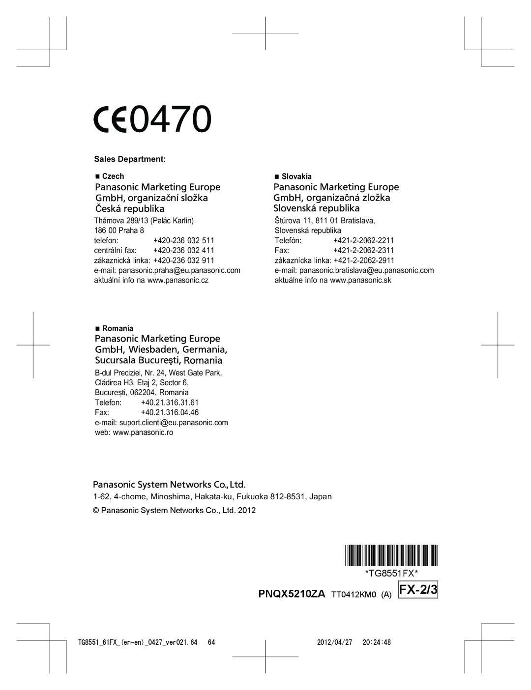 Panasonic KX-TG8561FX, KX-TG8551FX FX-2/3, Sales Department Czech Slovakia, Romania, PNQX5210ZA TT0412KM0 a 