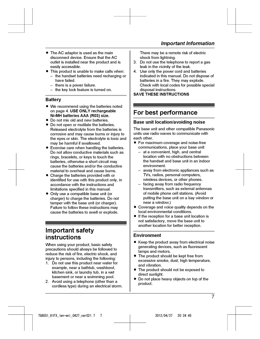 Panasonic KX-TG8551FX Important safety instructions, For best performance, Battery, Base unit location/avoiding noise 