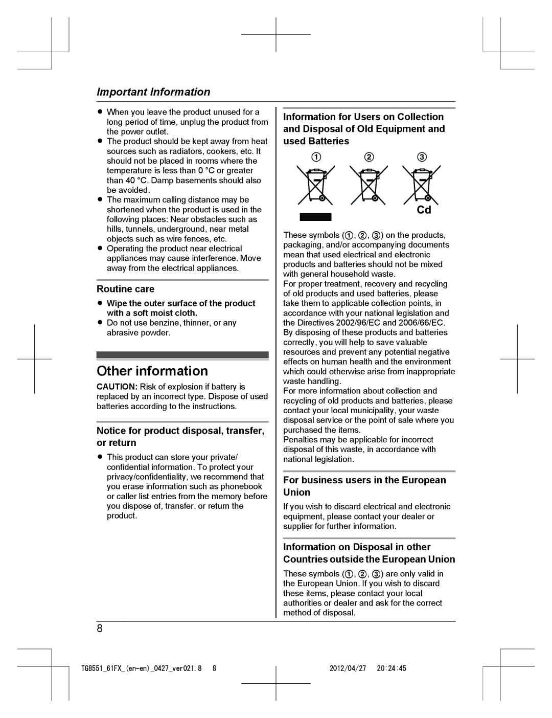 Panasonic KX-TG8561FX, KX-TG8551FX Other information, Routine care, For business users in the European Union 