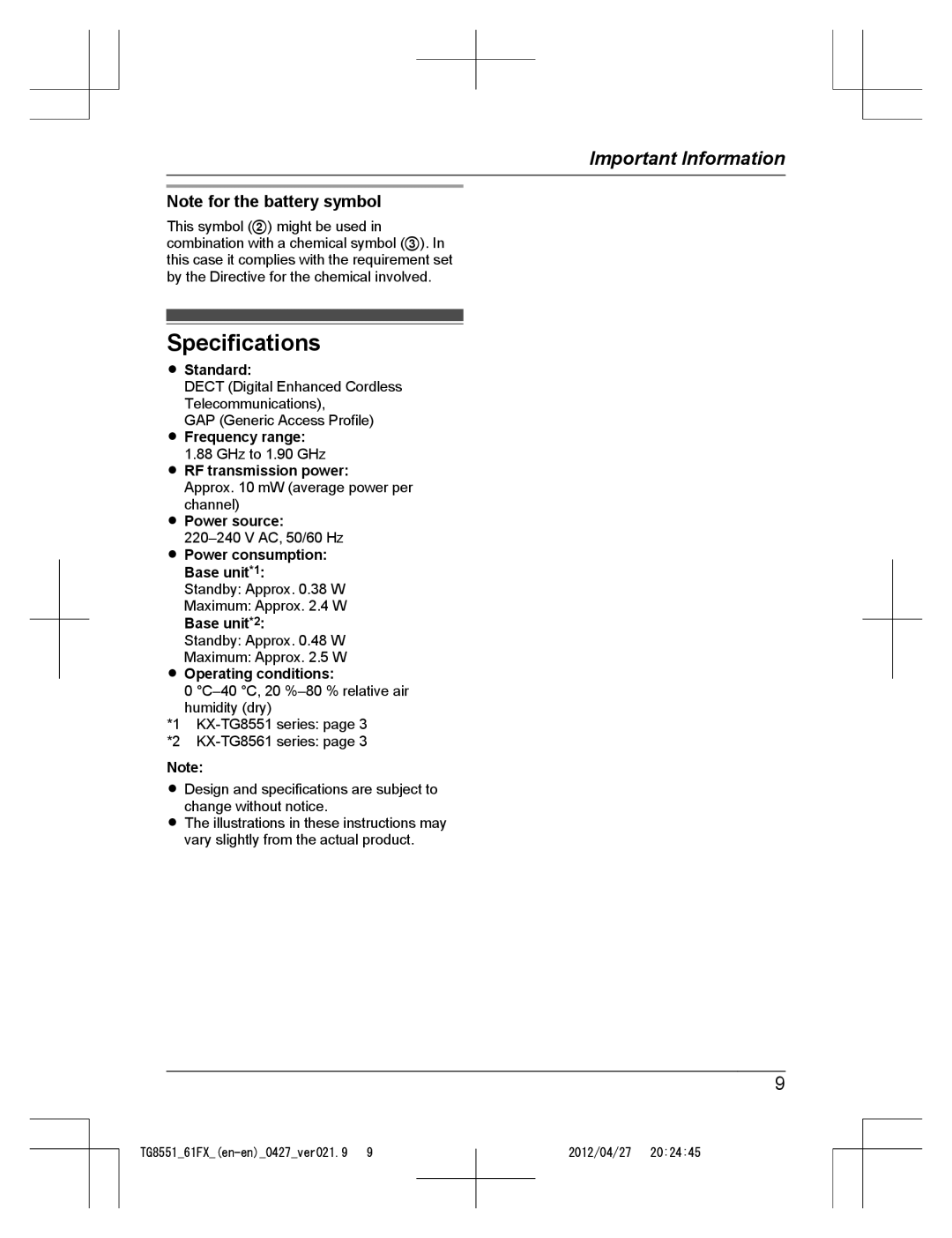 Panasonic KX-TG8551FX, KX-TG8561FX operating instructions Specifications 