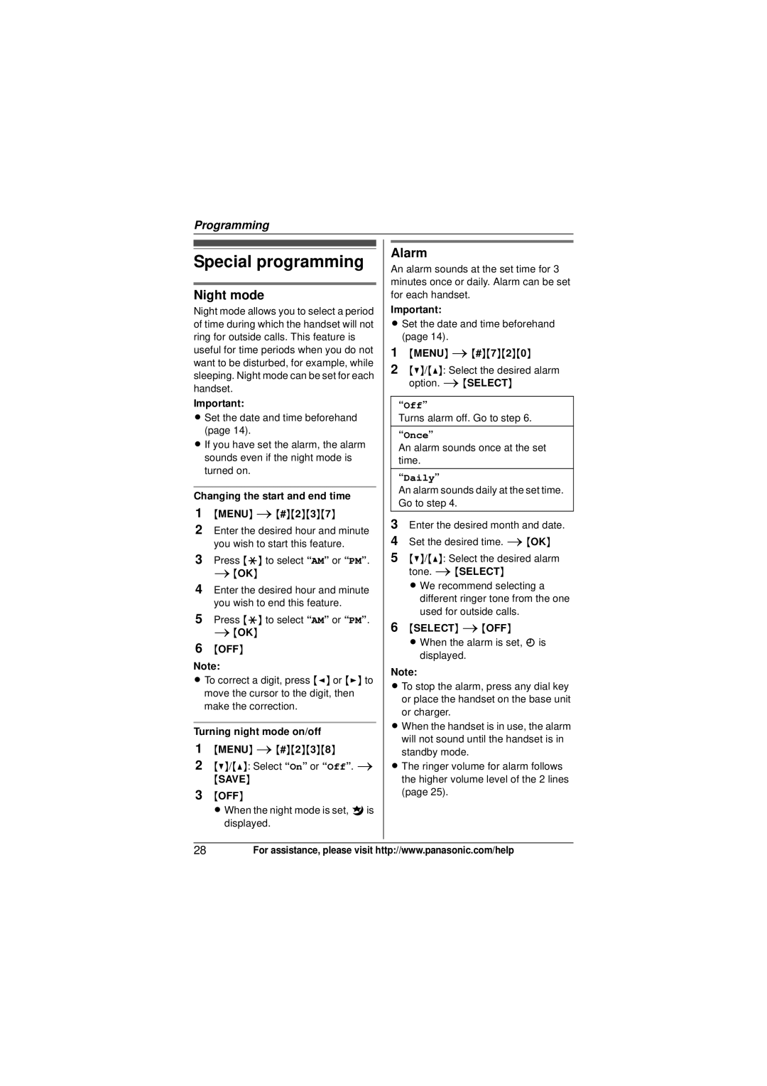 Panasonic KX-TG9321 Special programming, Alarm, Night mode, Changing the start and end time, Turning night mode on/off 