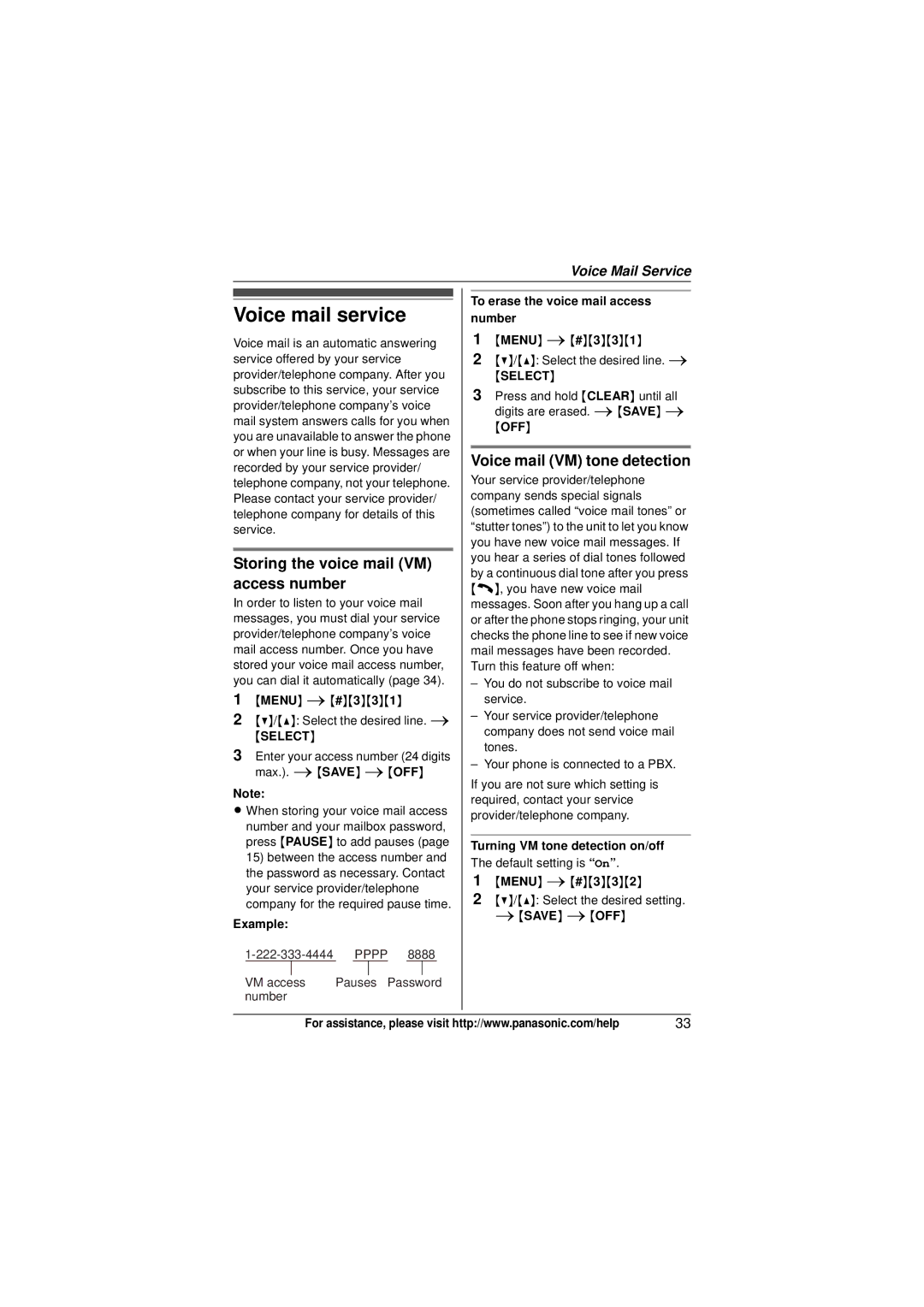 Panasonic KX-TG9322, KX-TG9321 Voice mail service, Storing the voice mail VM access number, Voice mail VM tone detection 