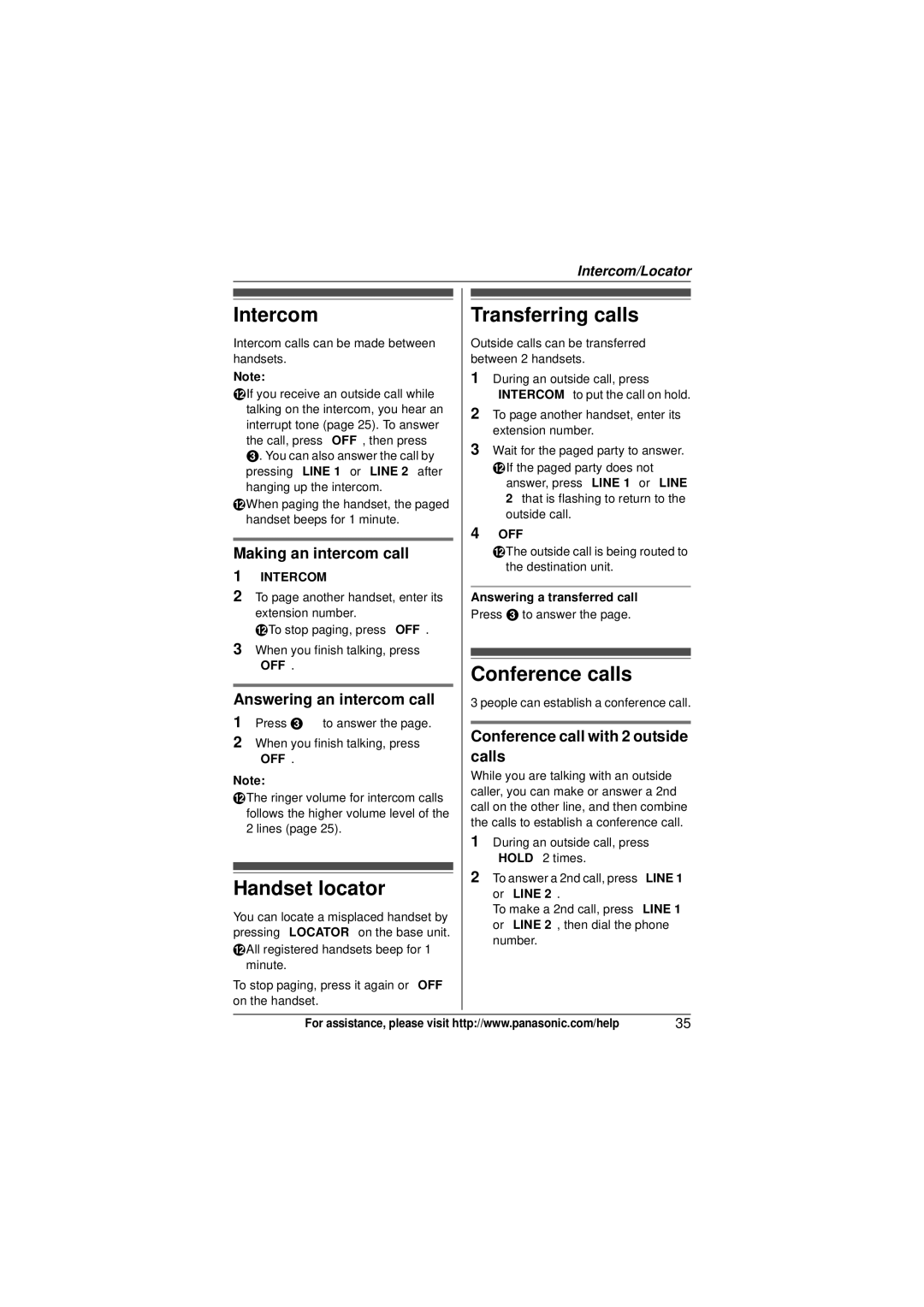 Panasonic KX-TG9322, KX-TG9321 operating instructions Intercom Transferring calls, Conference calls, Handset locator 