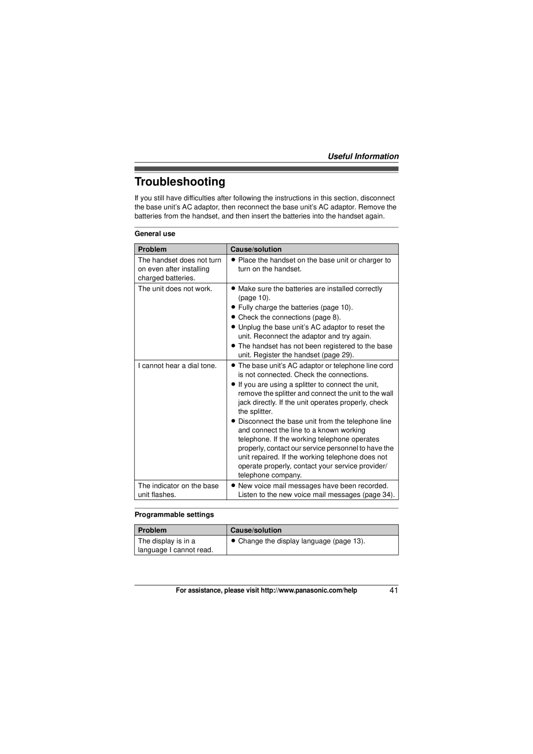 Panasonic KX-TG9322 Troubleshooting, General use Problem Cause/solution, Programmable settings Problem Cause/solution 