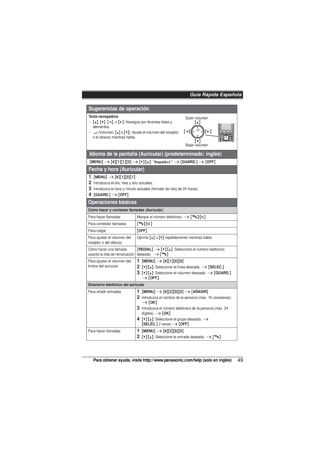 Panasonic KX-TG9322, KX-TG9321 operating instructions Idioma de la pantalla Auricular predeterminado inglés 