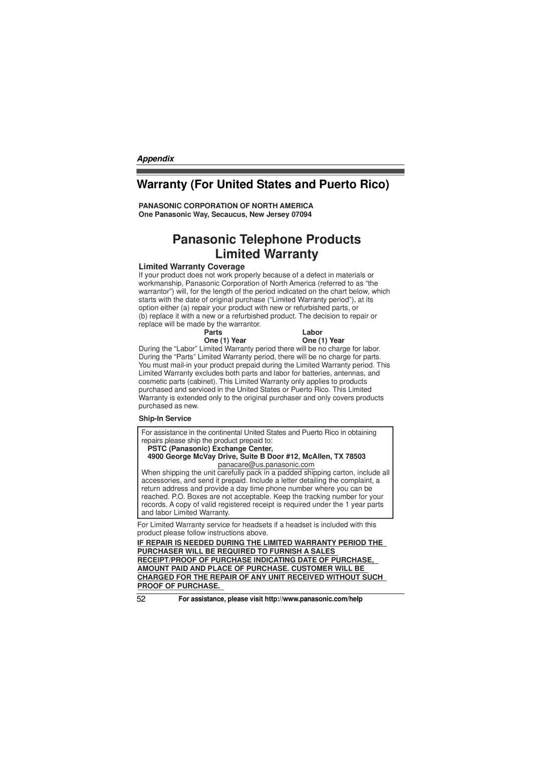 Panasonic KX-TG9321 Warranty For United States and Puerto Rico, One Panasonic Way, Secaucus, New Jersey, Ship-In Service 