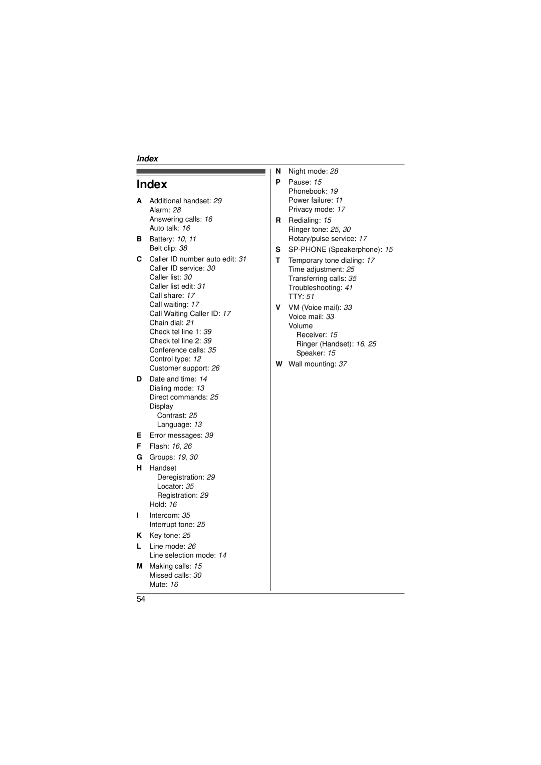 Panasonic KX-TG9321, KX-TG9322 operating instructions Index 