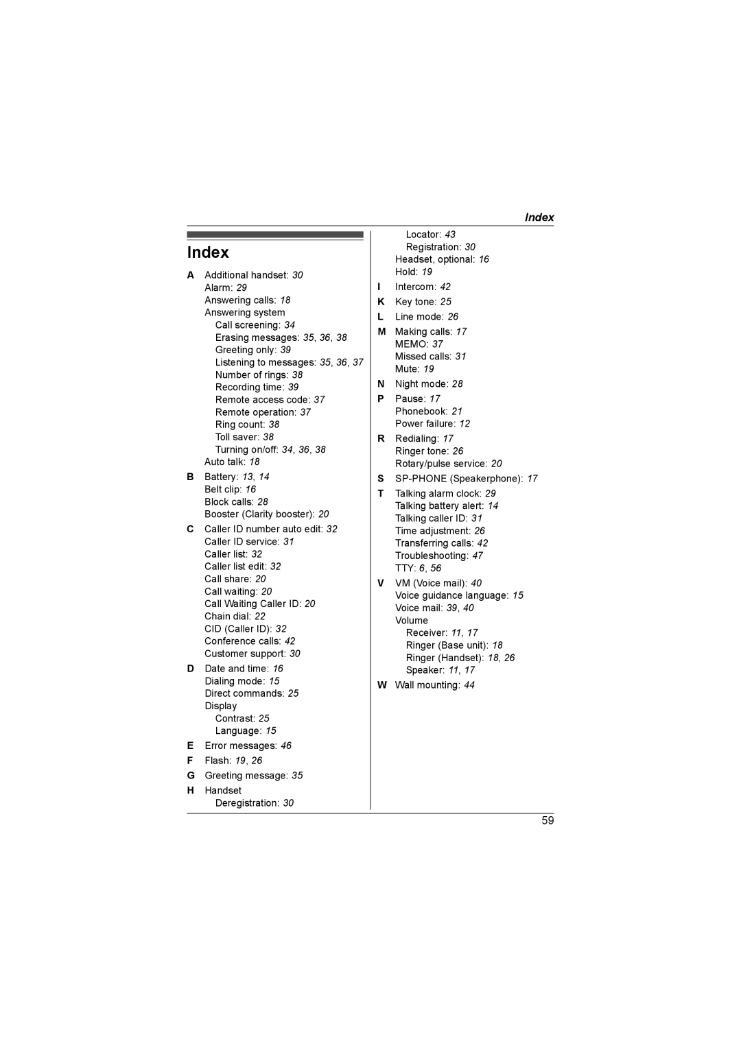 Panasonic KX-TG9344, KX-TG9331, KX-TG9333T, KX-TG9343, KX-TG9334, KX-TG9332, KX-TG9341, KX-TG9342 operating instructions Index 