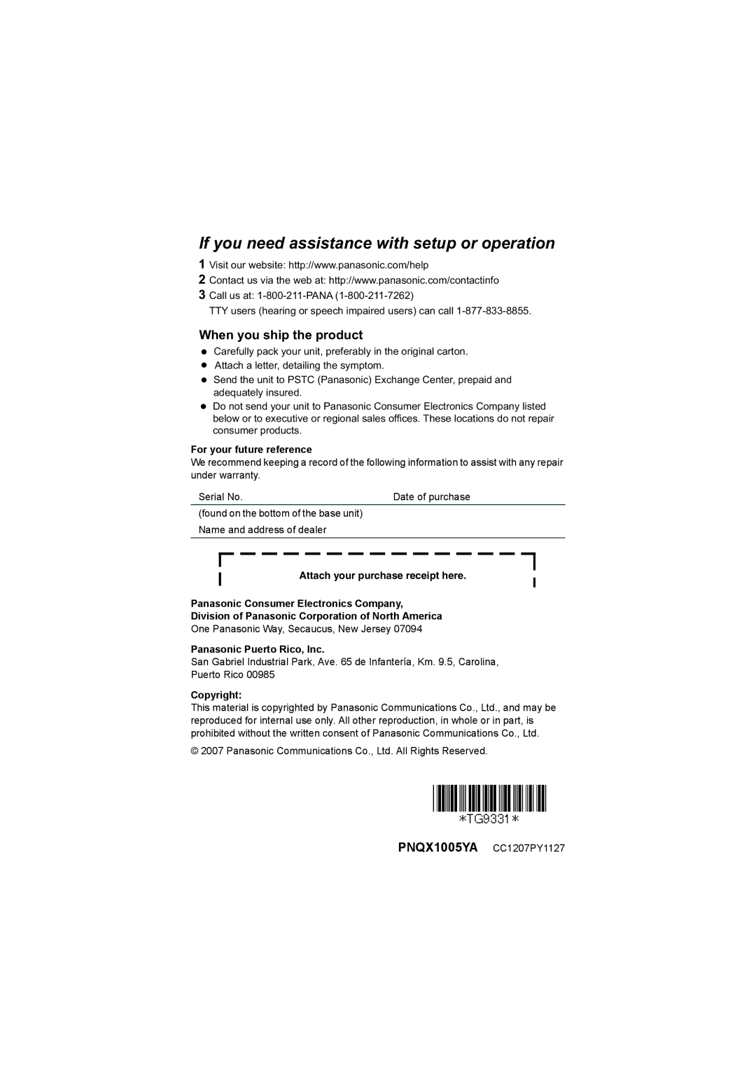 Panasonic KX-TG9332, KX-TG9331 When you ship the product, For your future reference, Panasonic Puerto Rico, Inc, Copyright 