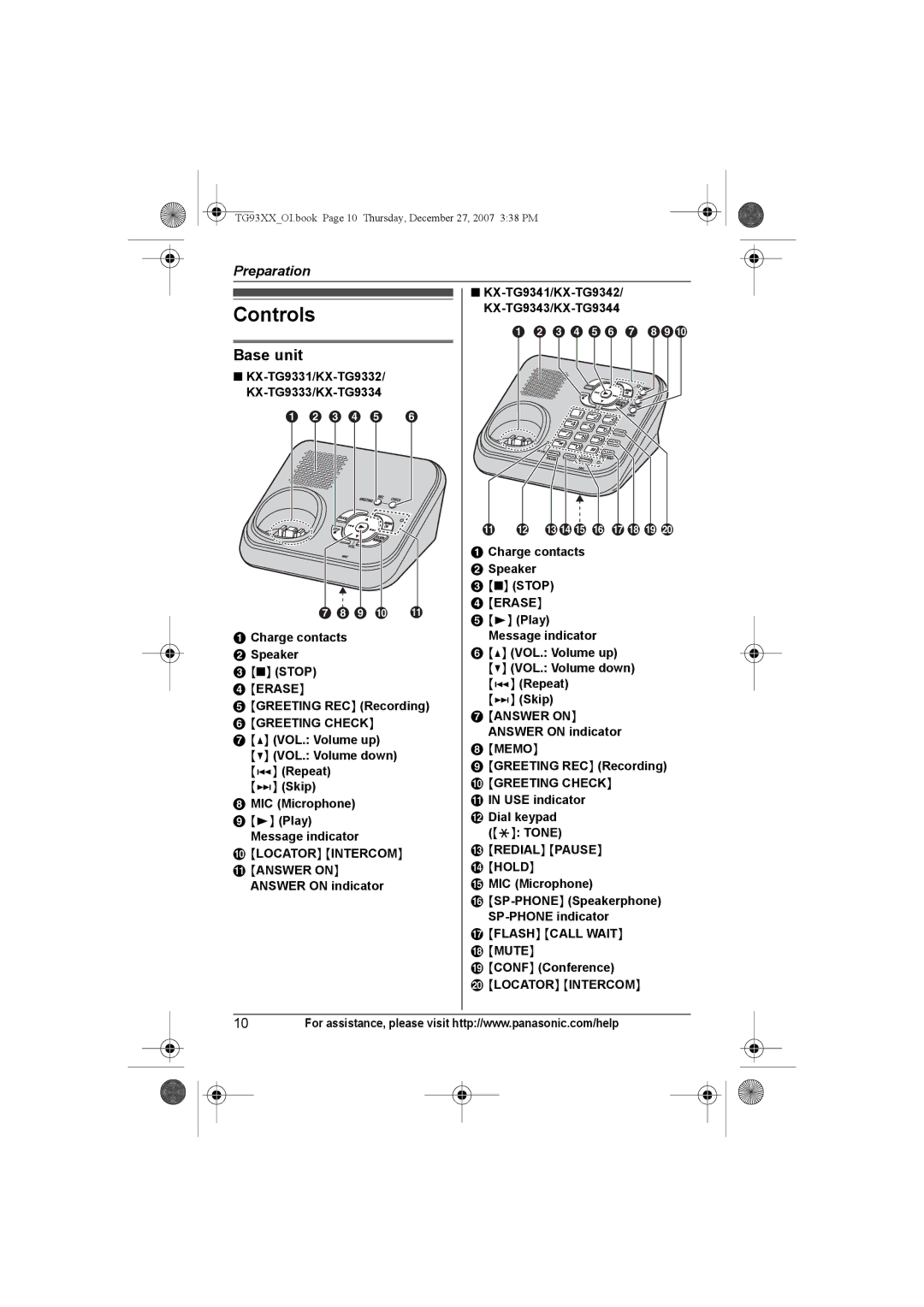 Panasonic KX-TG9333, KX-TG9331, KX-TG9343, KX-TG9334, KX-TG9332, KX-TG9341, KX-TG9342 operating instructions Controls, Base unit 