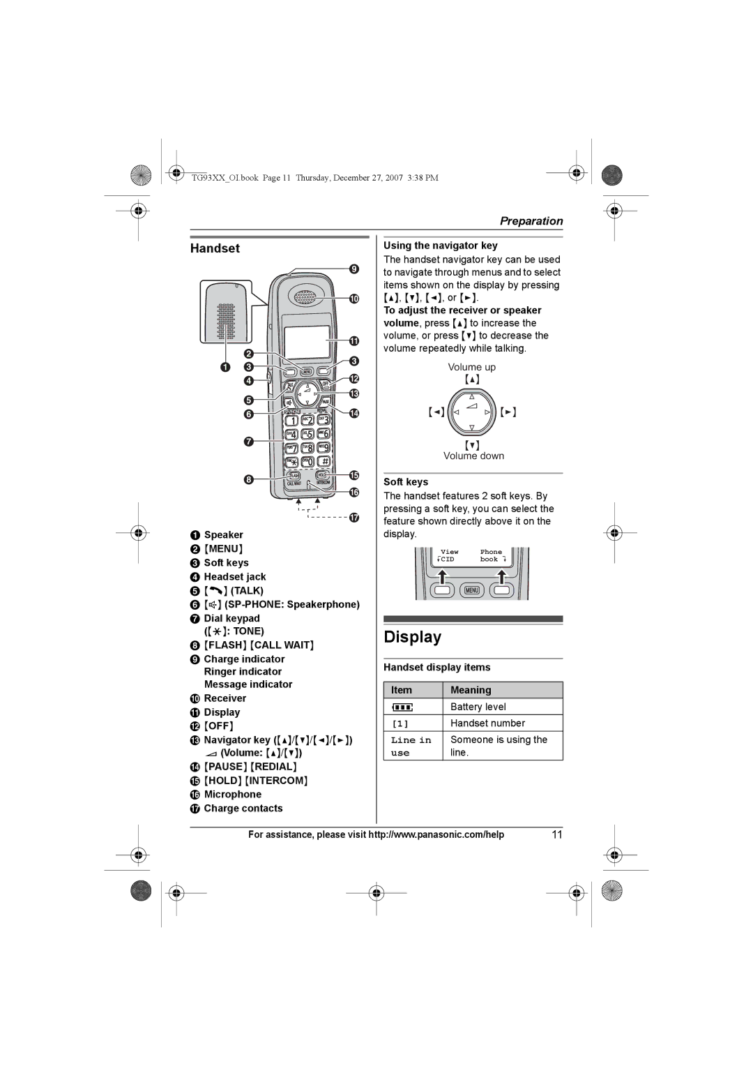 Panasonic KX-TG9332, KX-TG9331, KX-TG9343, KX-TG9334, KX-TG9333, KX-TG9341, KX-TG9342 operating instructions Display, Handset 