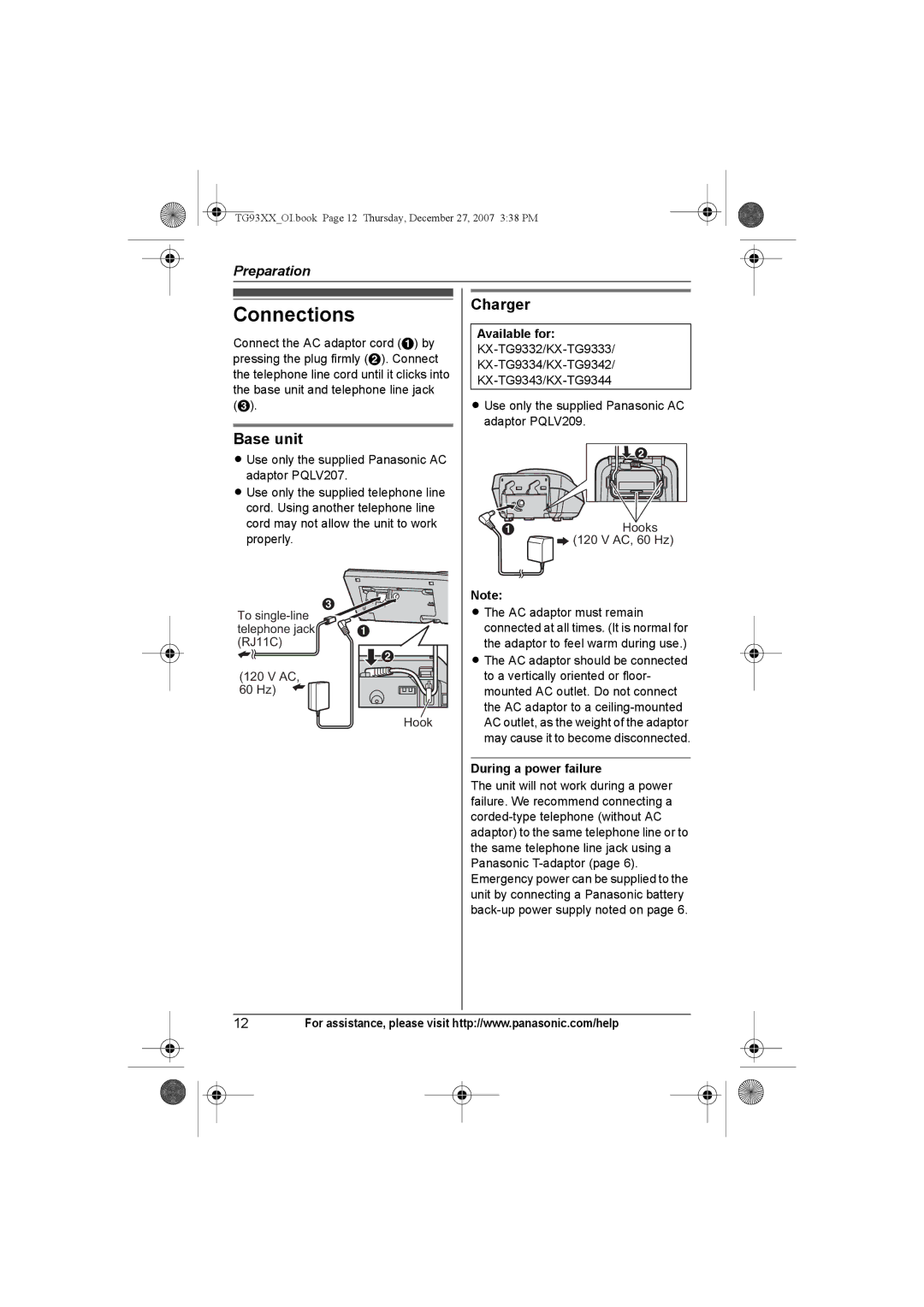 Panasonic KX-TG9341, KX-TG9331, KX-TG9343, KX-TG9334, KX-TG9333, KX-TG9332, KX-TG9342 operating instructions Connections, Charger 