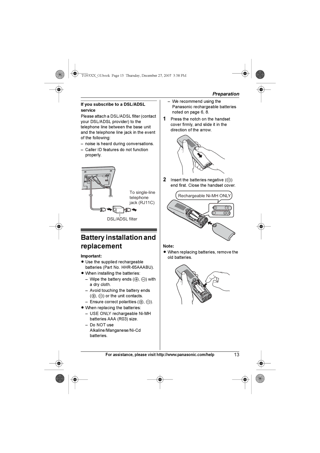 Panasonic KX-TG9342, KX-TG9331, KX-TG9343 Battery installation and replacement, If you subscribe to a DSL/ADSL service 