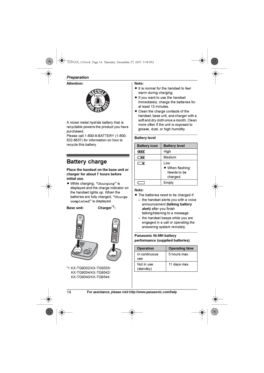 Panasonic KX-TG9331, KX-TG9343, KX-TG9334, KX-TG9333 Battery charge, Battery level Battery icon, Operation Operating time 