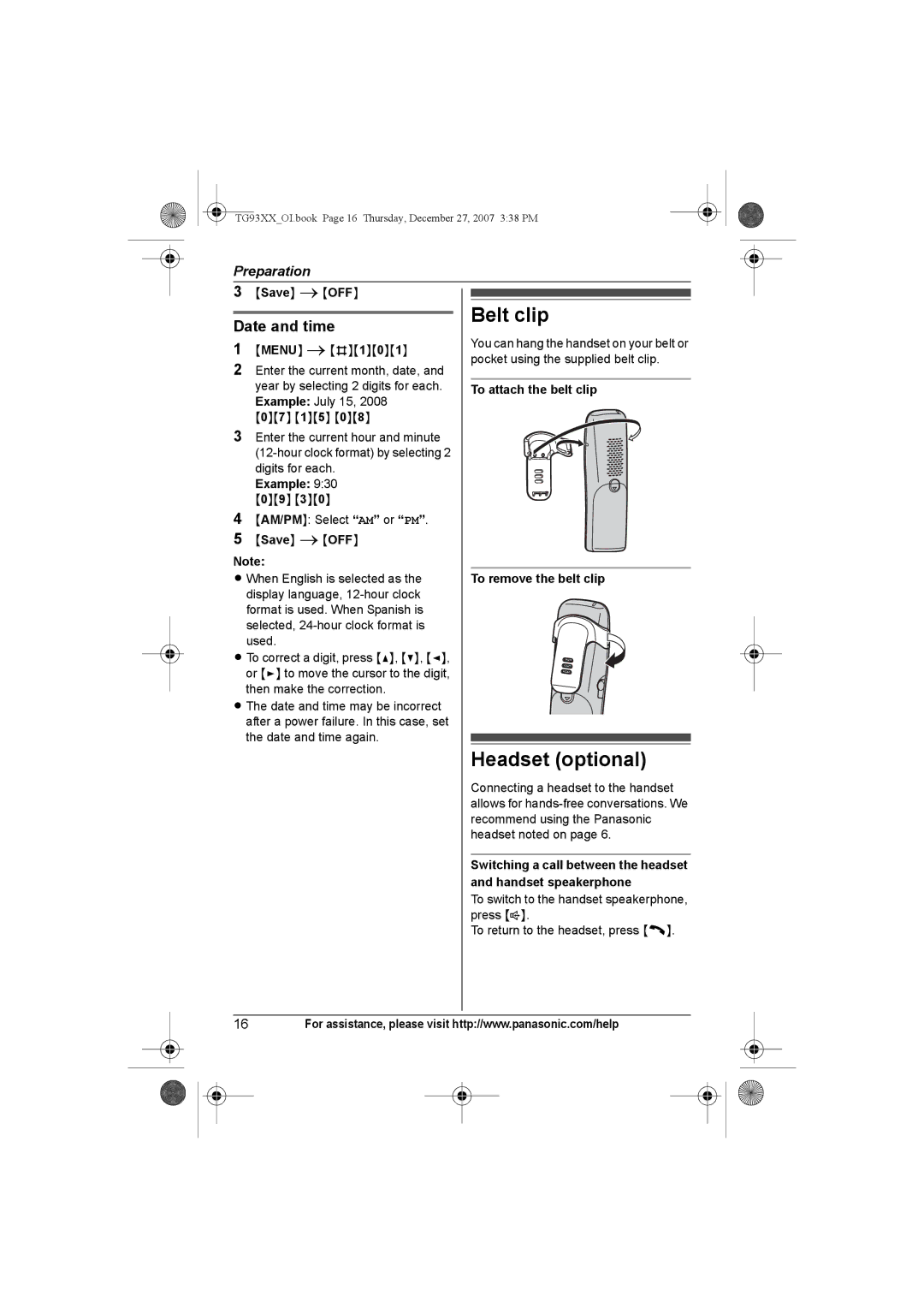 Panasonic KX-TG9334, KX-TG9331 Belt clip, Headset optional, Date and time, To attach the belt clip To remove the belt clip 