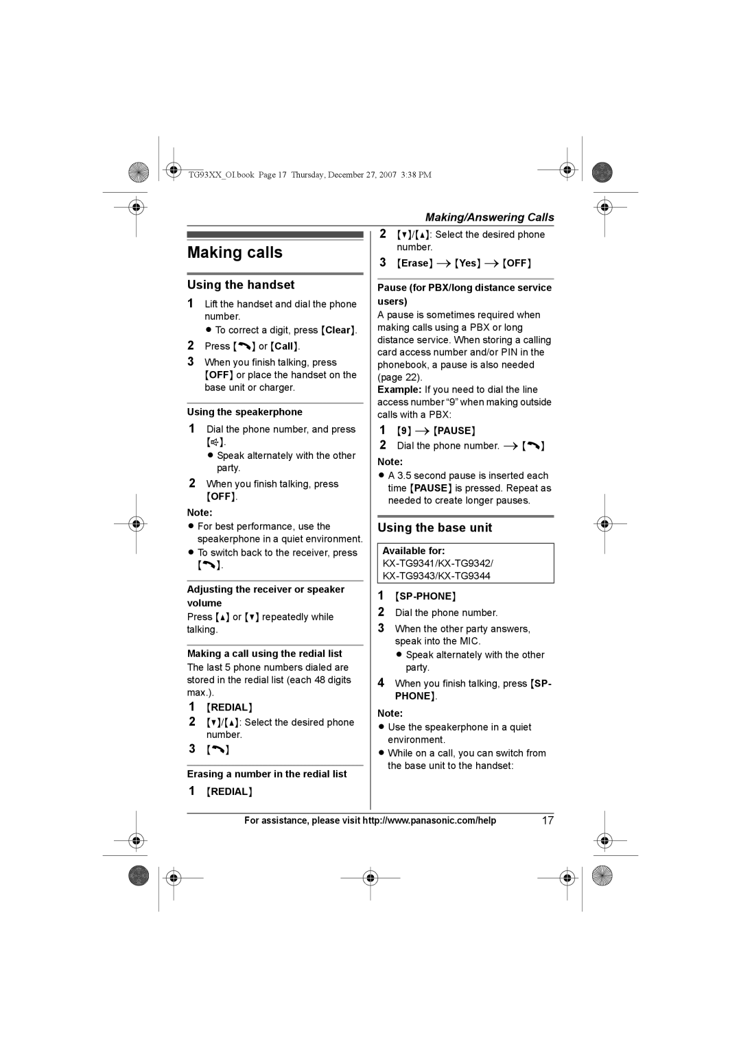 Panasonic KX-TG9333, KX-TG9331, KX-TG9343, KX-TG9334 Making calls, Using the handset, Using the base unit, Sp-Phone 