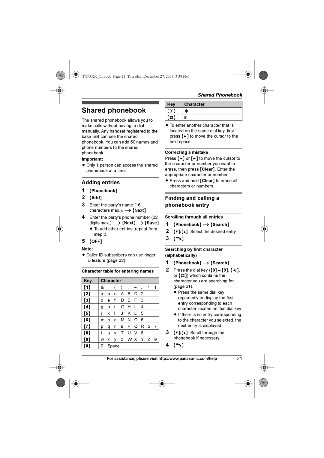 Panasonic KX-TG9331, KX-TG9343, KX-TG9334, KX-TG9333 Shared phonebook, Adding entries, Finding and calling a phonebook entry 