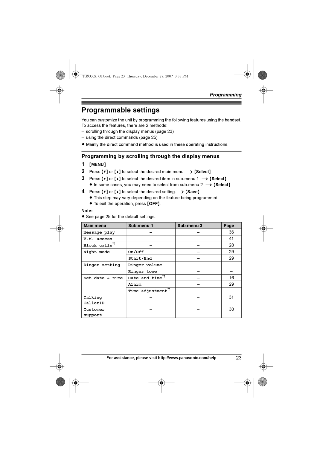 Panasonic KX-TG9334 Programmable settings, Programming by scrolling through the display menus, Menu, Main menu Sub-menu 