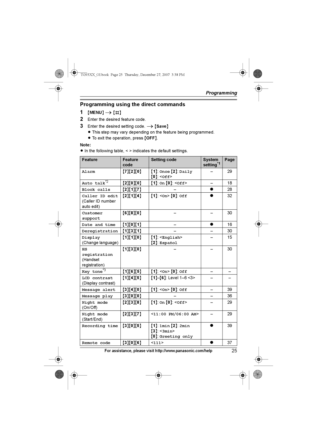 Panasonic KX-TG9332, KX-TG9331, KX-TG9343, KX-TG9334 Programming using the direct commands, Feature Setting code System Code 