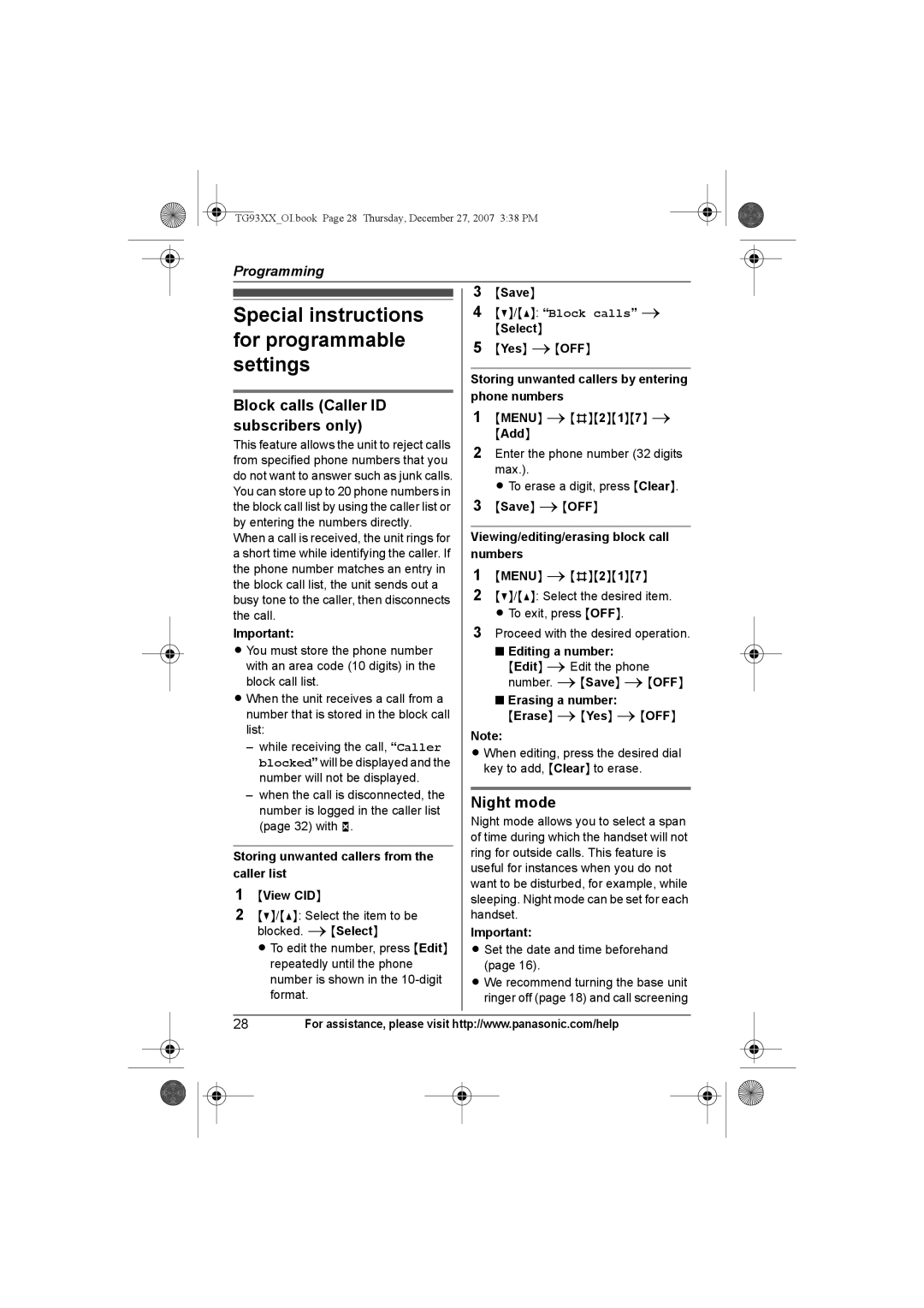 Panasonic KX-TG9331 Special instructions for programmable settings, Block calls Caller ID subscribers only, Night mode 