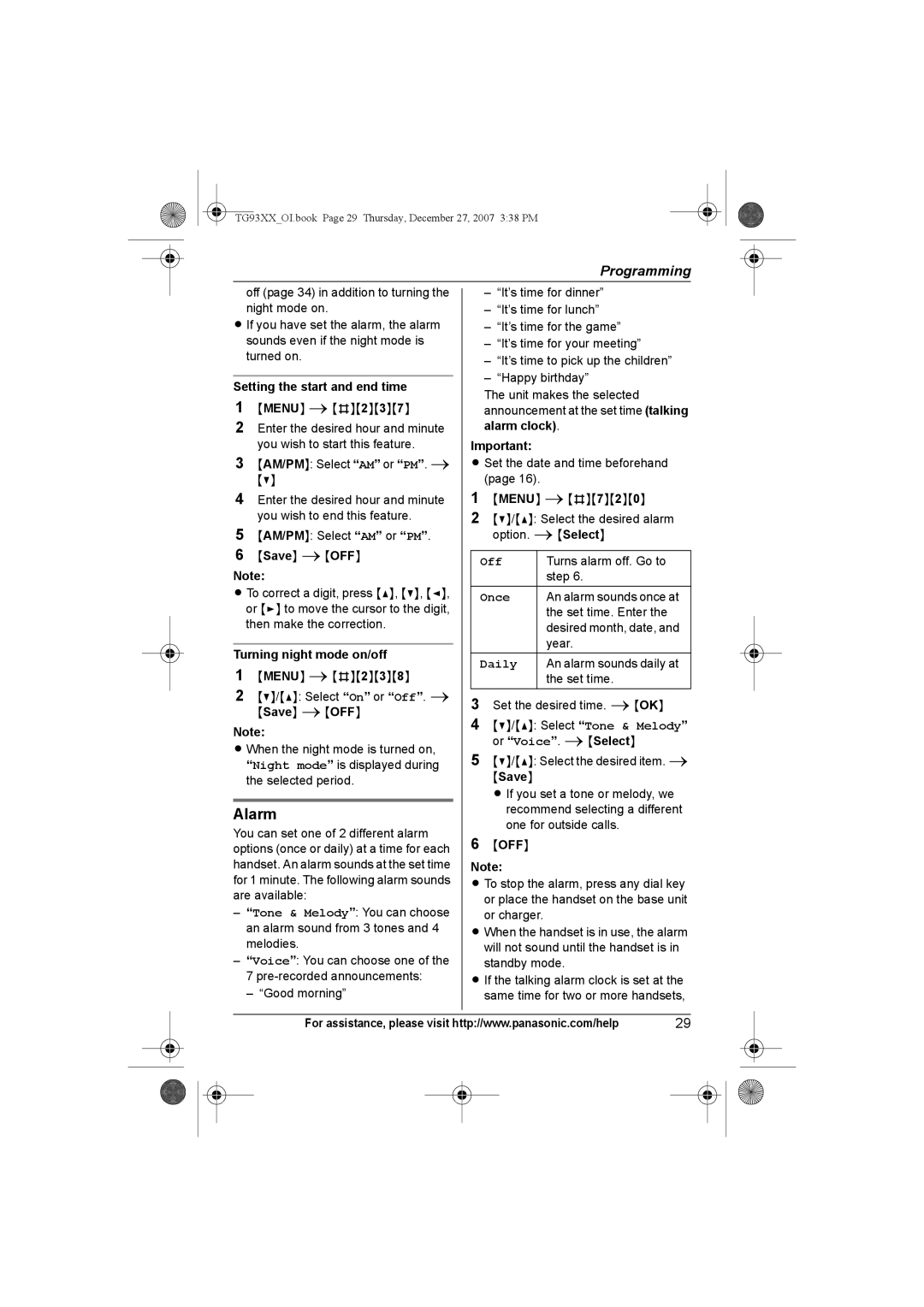 Panasonic KX-TG9343, KX-TG9331, KX-TG9334, KX-TG9333 Alarm, Setting the start and end time, Turning night mode on/off 