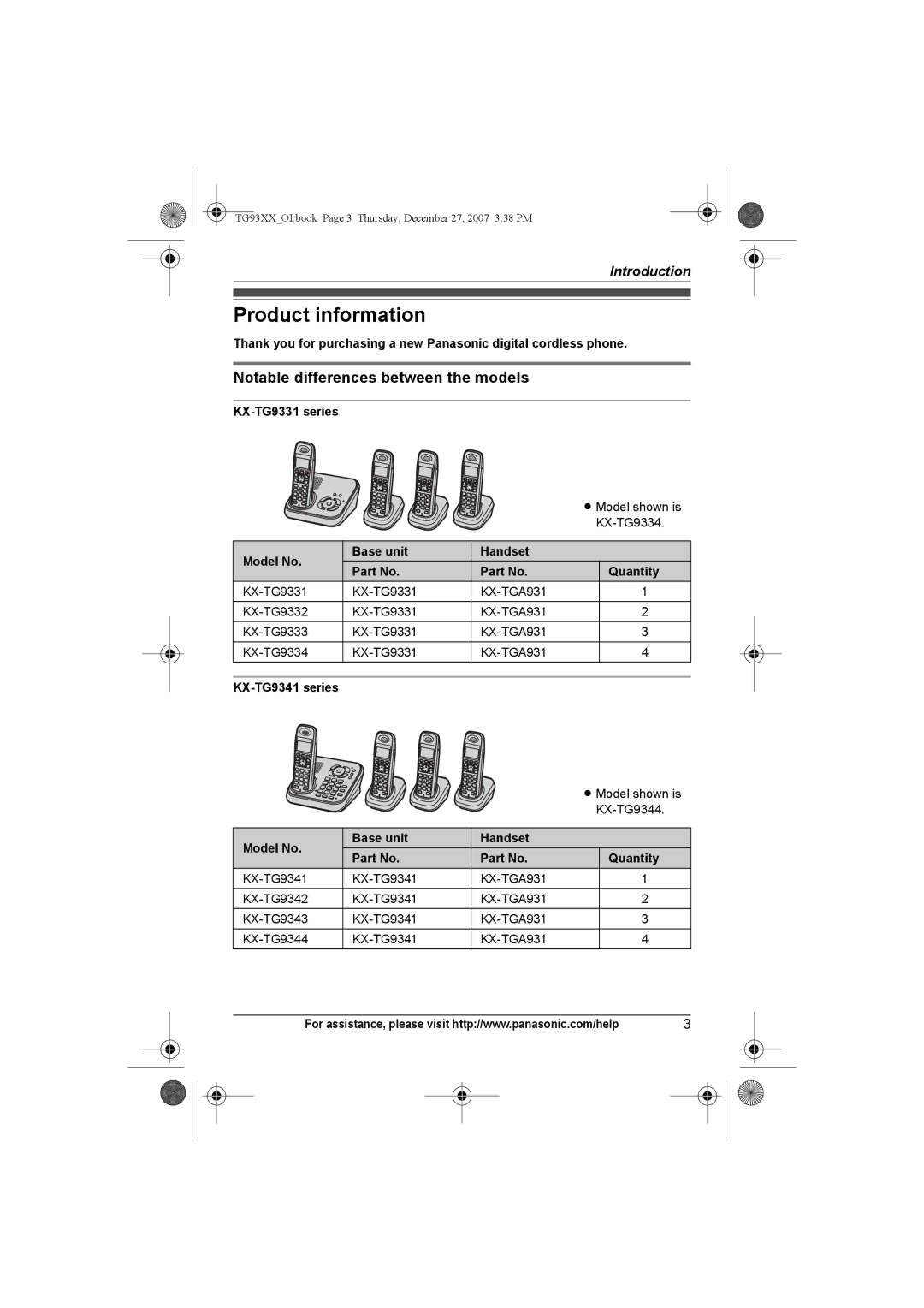 Panasonic KX-TG9333 Product information, Notable differences between the models, KX-TG9331 series, KX-TG9341 series 