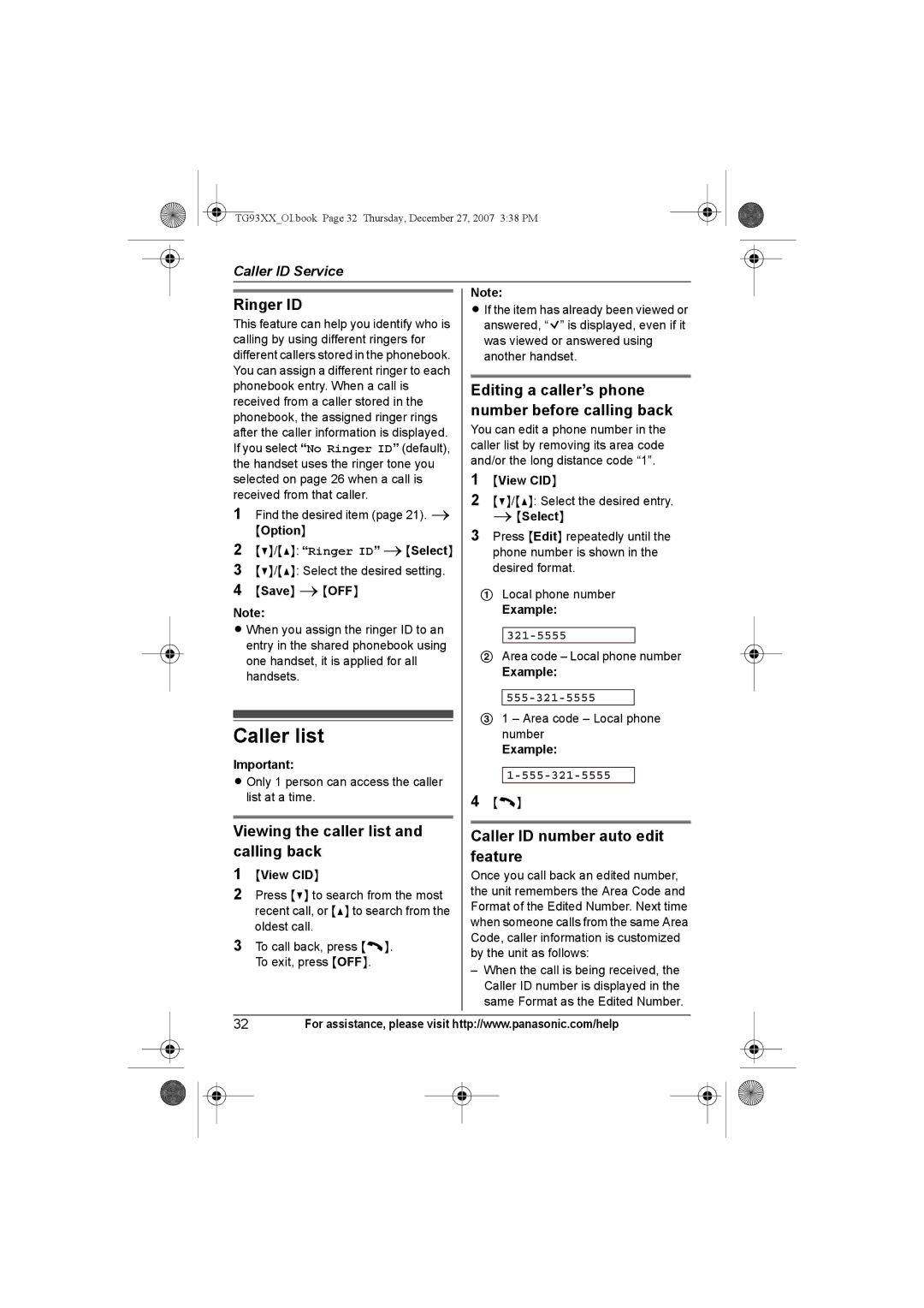 Panasonic KX-TG9332 Caller list, Ringer ID, Viewing the caller list and calling back, Caller ID number auto edit feature 