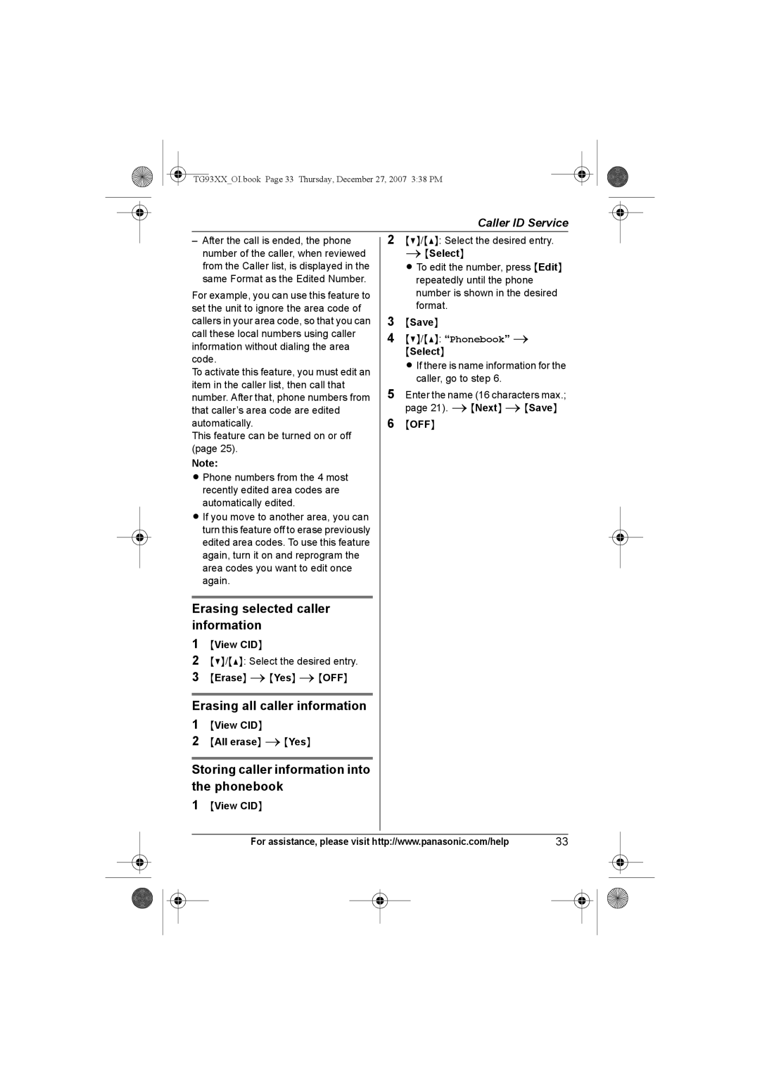 Panasonic KX-TG9341 Erasing selected caller information, Erasing all caller information, View CID All erase iYes, Select 