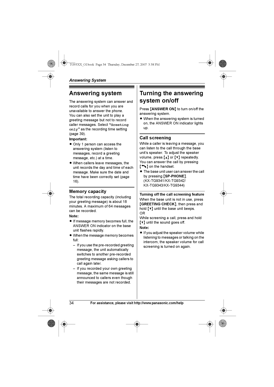 Panasonic KX-TG9342, KX-TG9331 Answering system, Turning the answering system on/off, Memory capacity, Call screening 