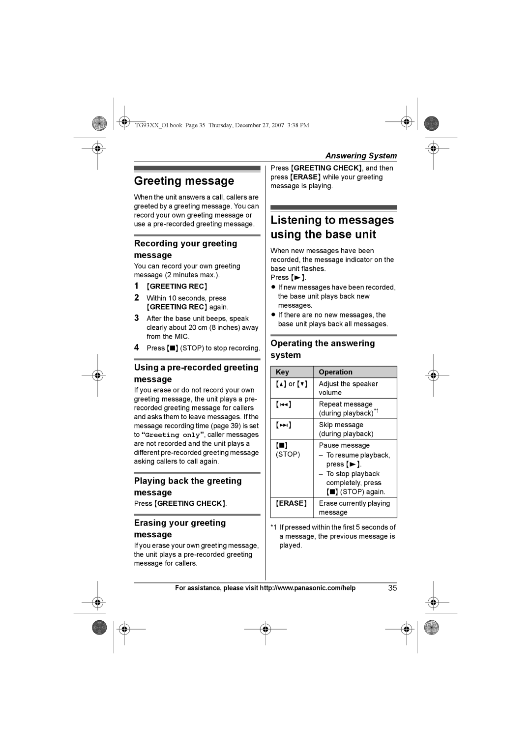 Panasonic KX-TG9331, KX-TG9343, KX-TG9334, KX-TG9333, KX-TG9332 Greeting message, Listening to messages using the base unit 