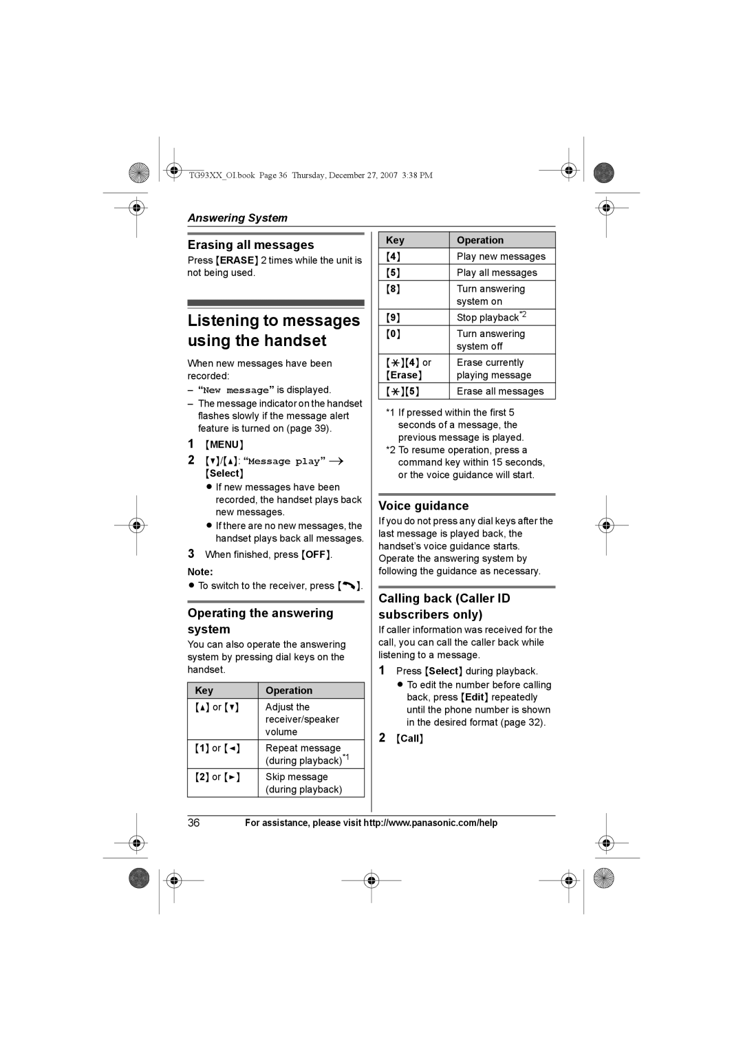 Panasonic KX-TG9343, KX-TG9331, KX-TG9334 Listening to messages using the handset, Erasing all messages, Voice guidance 