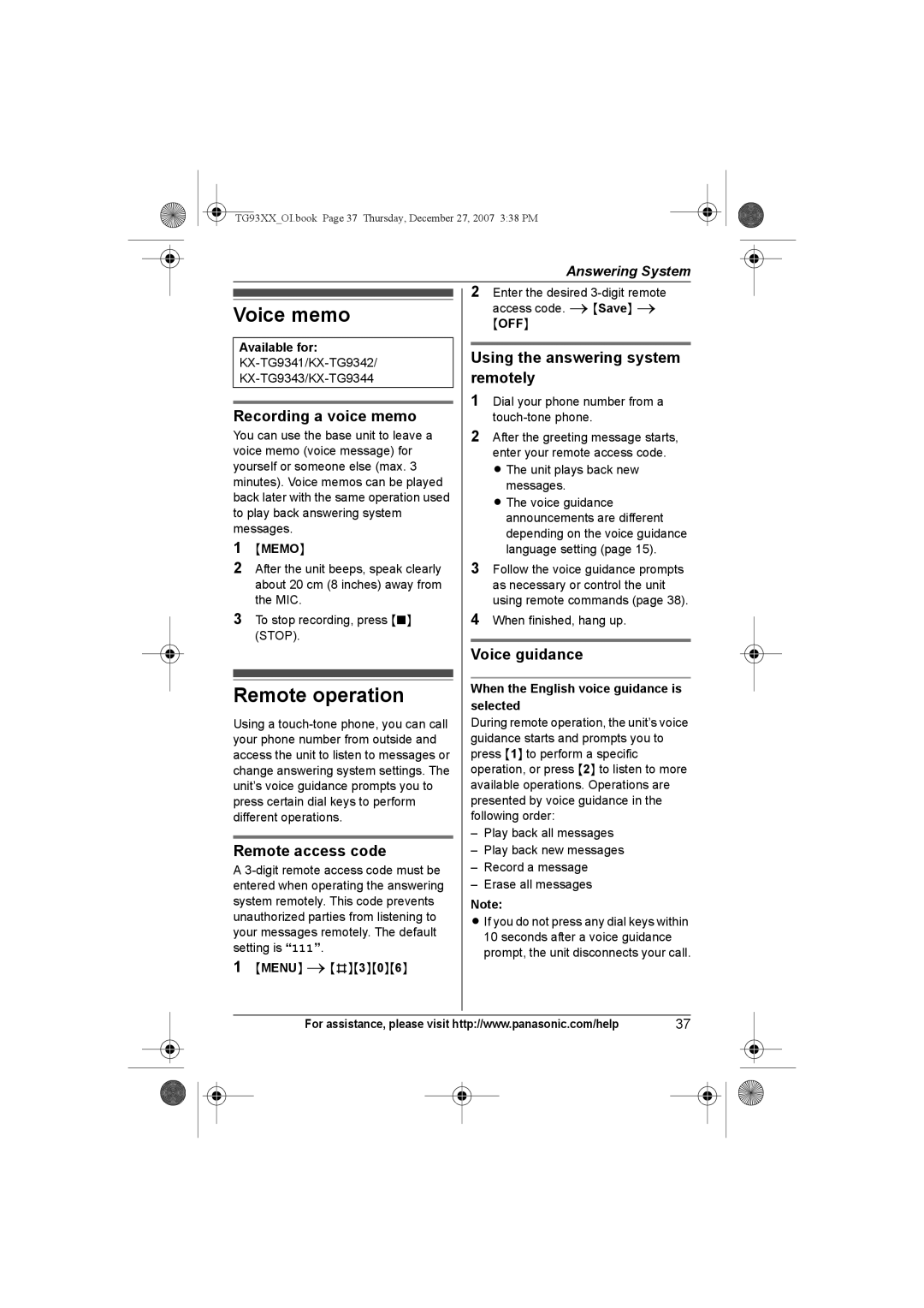 Panasonic KX-TG9334, KX-TG9331, KX-TG9343 Voice memo, Remote operation, Recording a voice memo, Remote access code 