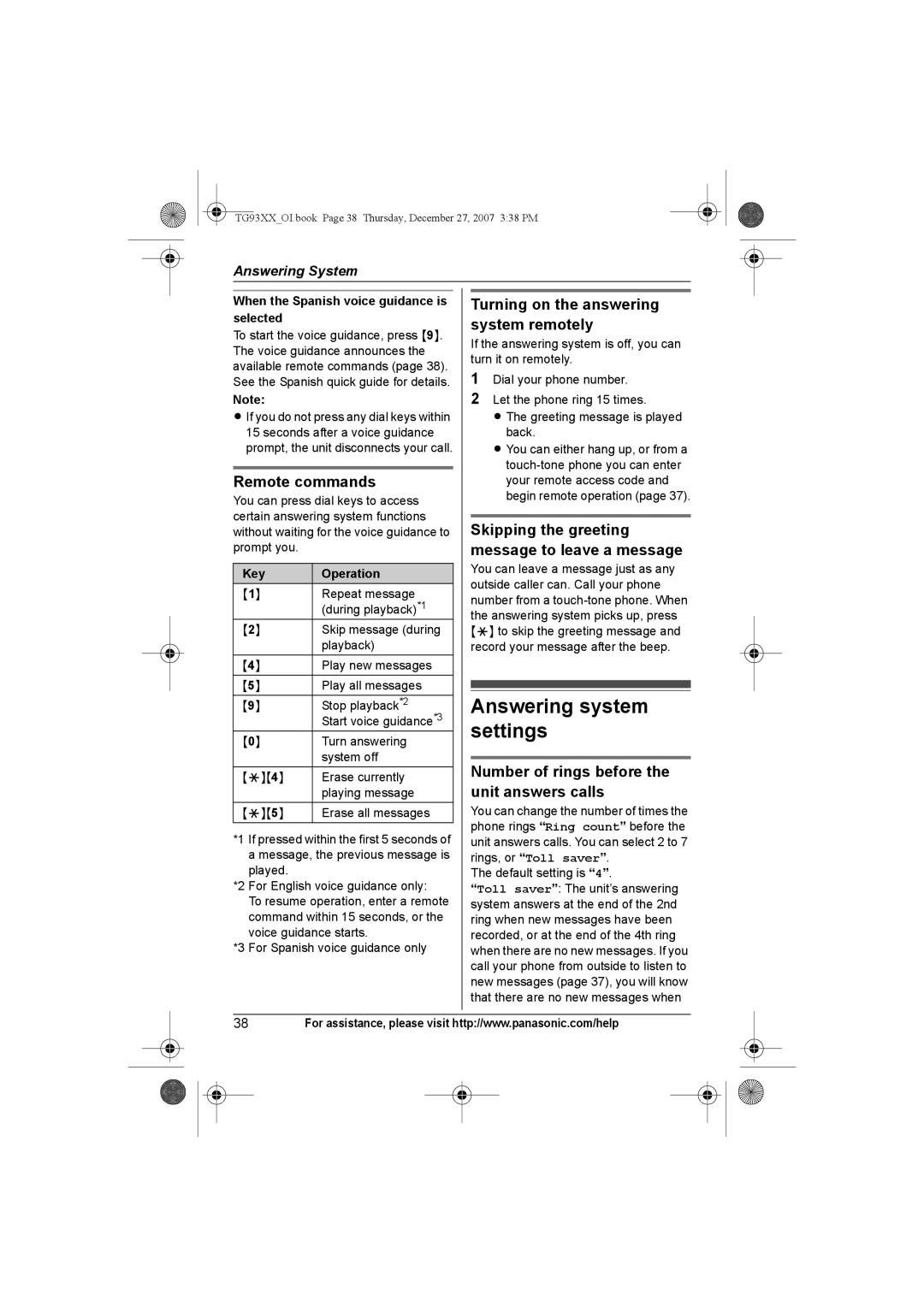 Panasonic KX-TG9333, KX-TG9331 Answering system settings, Remote commands, Turning on the answering system remotely 