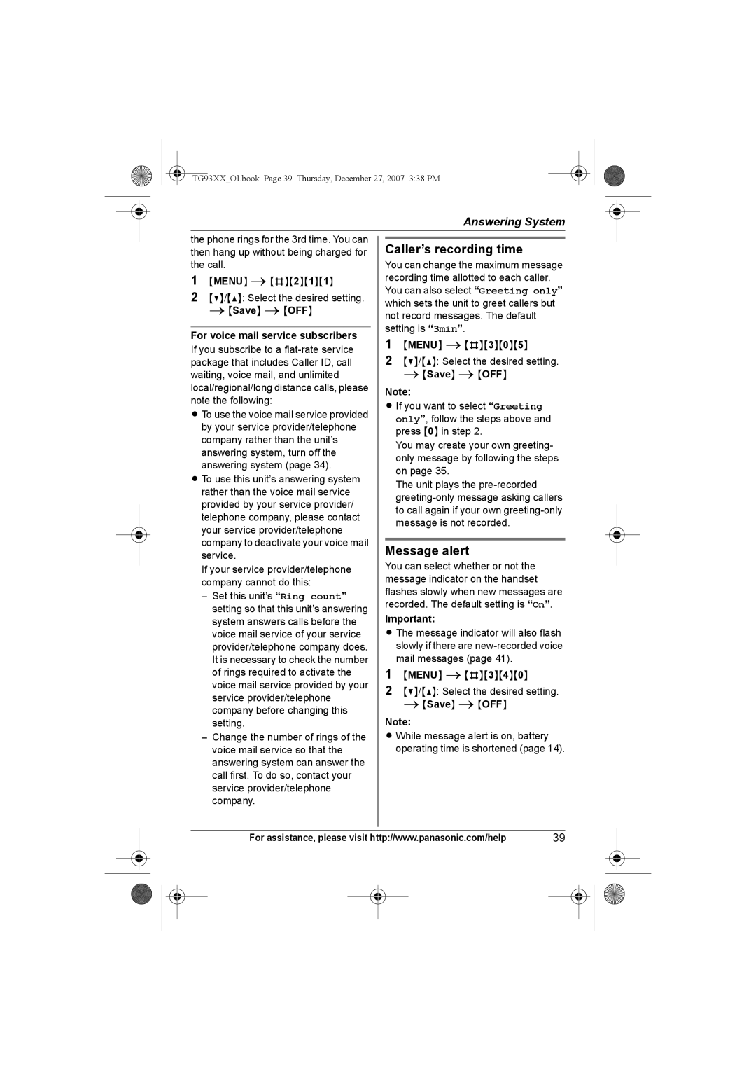 Panasonic KX-TG9332, KX-TG9331, KX-TG9343, KX-TG9334, KX-TG9333, KX-TG9341, KX-TG9342 Caller’s recording time, Message alert 