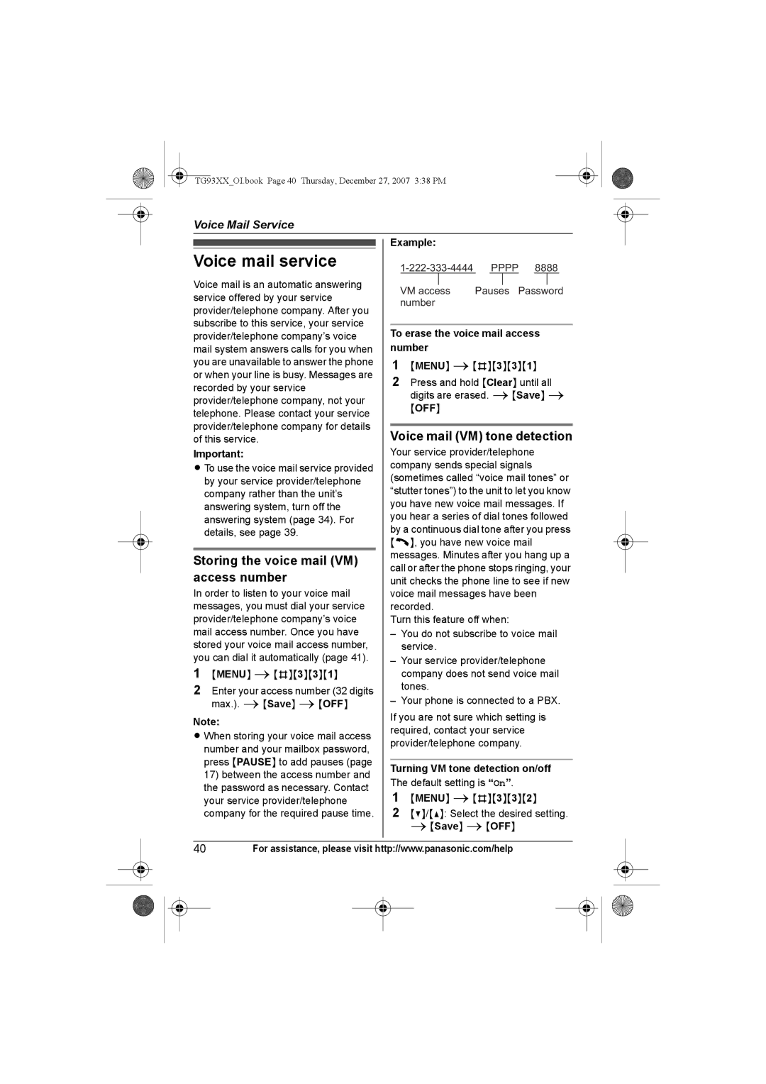 Panasonic KX-TG9341, KX-TG9331 Voice mail service, Storing the voice mail VM access number, Voice mail VM tone detection 