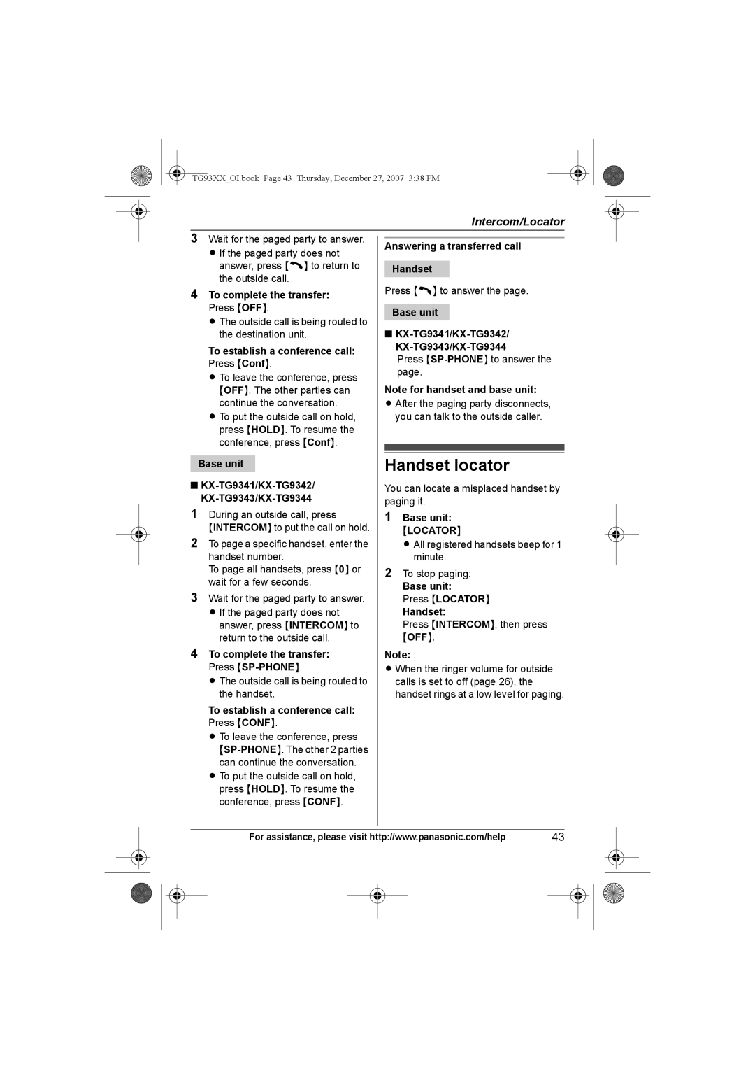 Panasonic KX-TG9343, KX-TG9331, KX-TG9334, KX-TG9333, KX-TG9332, KX-TG9341, KX-TG9342 operating instructions Handset locator 