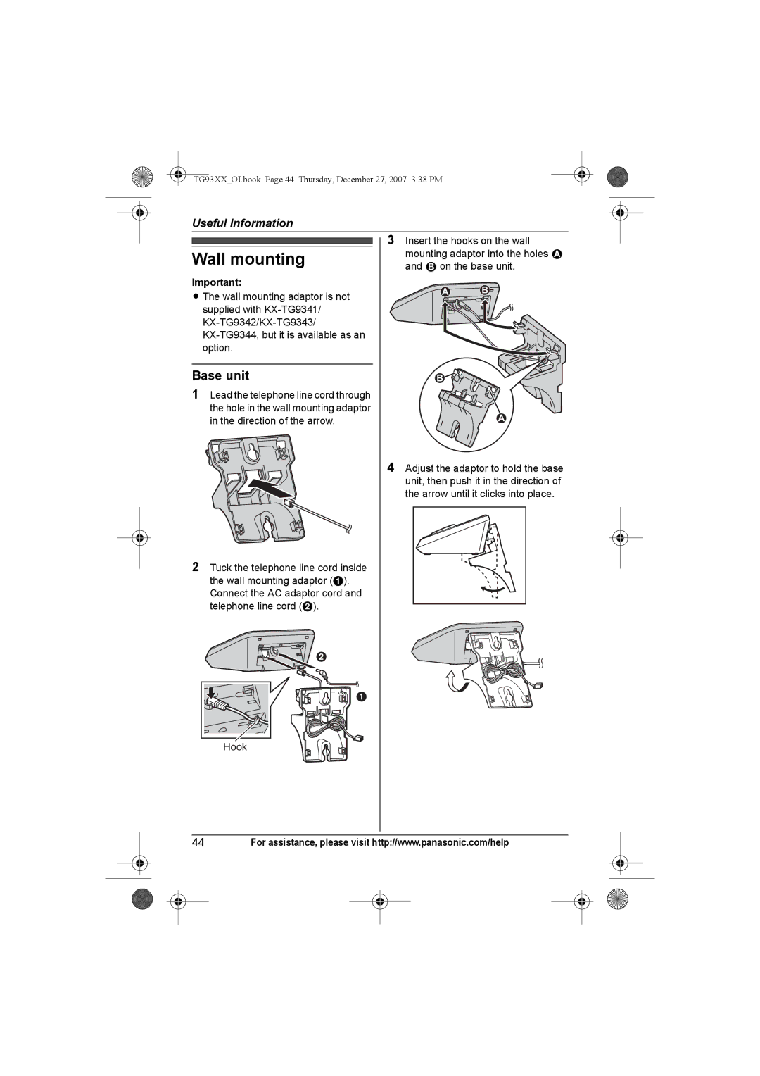 Panasonic KX-TG9334, KX-TG9331, KX-TG9343, KX-TG9333, KX-TG9332, KX-TG9341, KX-TG9342 Wall mounting, Base unit 