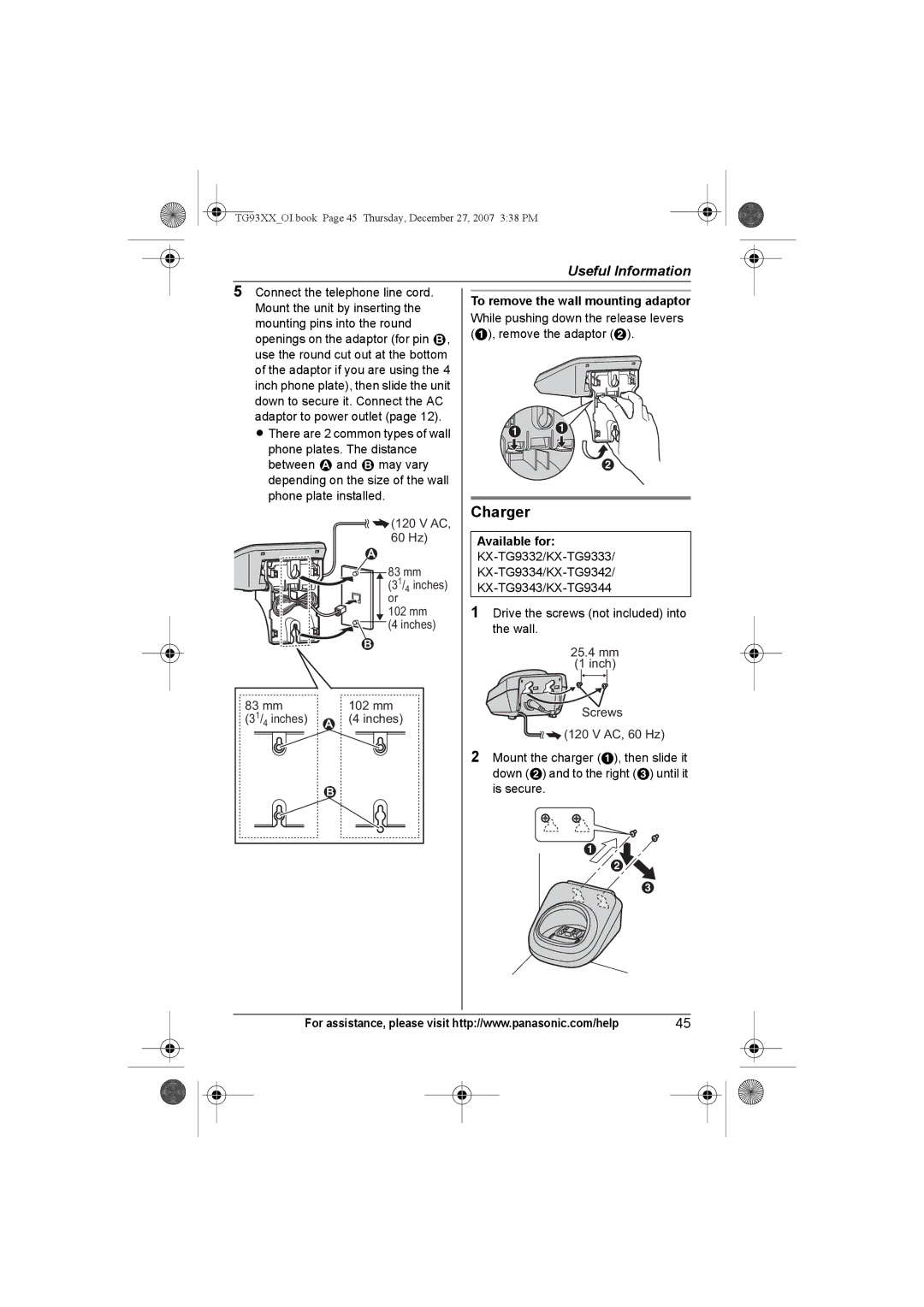 Panasonic KX-TG9333, KX-TG9331, KX-TG9343, KX-TG9334, KX-TG9332, KX-TG9341 Charger, To remove the wall mounting adaptor 