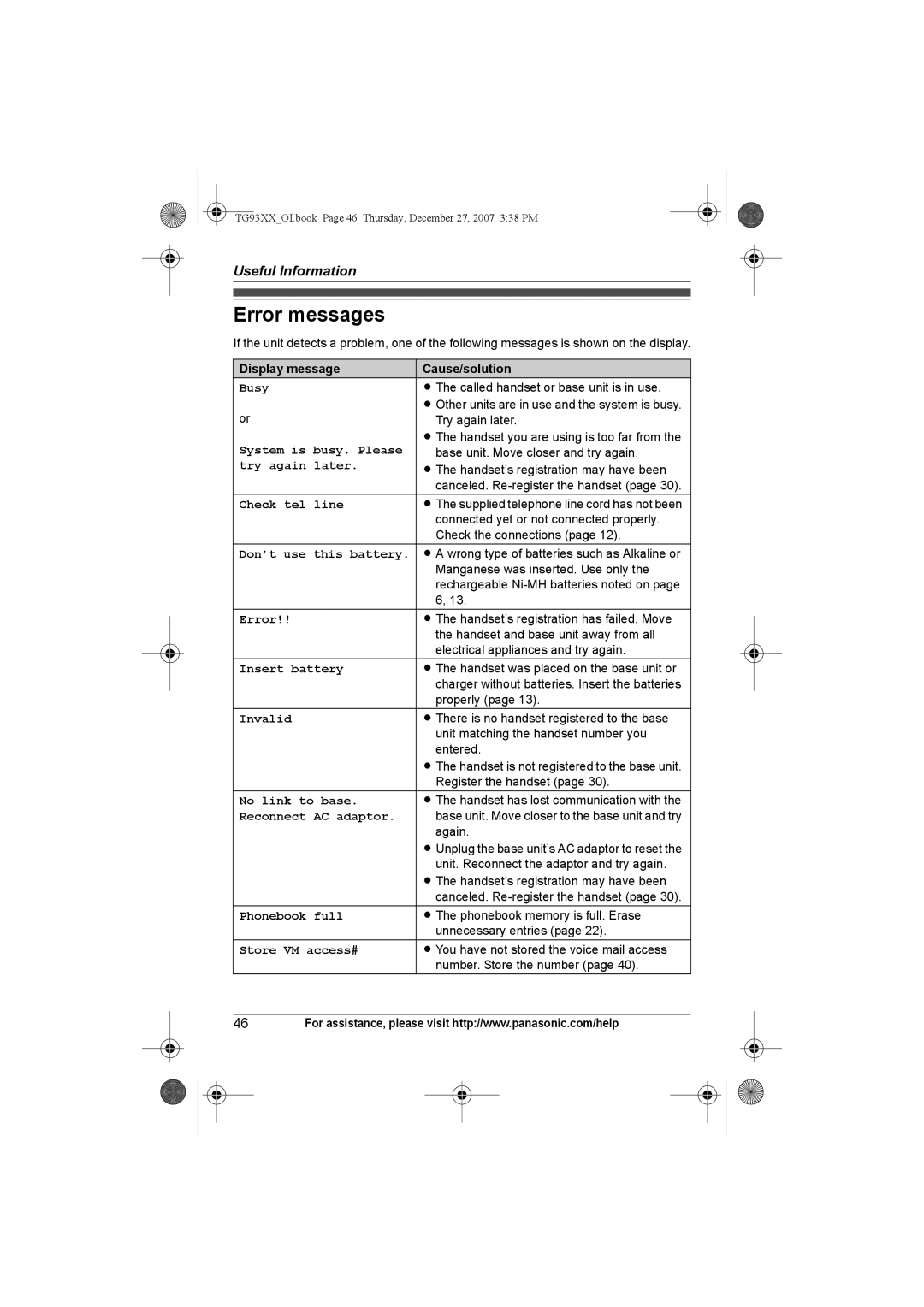 Panasonic KX-TG9332, KX-TG9331, KX-TG9343, KX-TG9334, KX-TG9333, KX-TG9341 Error messages, Display message Cause/solution 