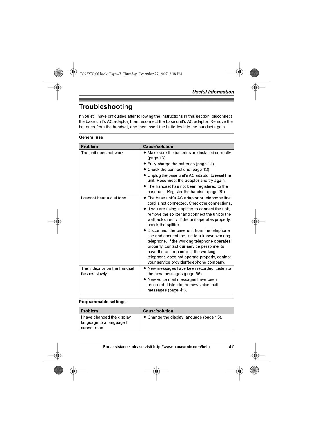 Panasonic KX-TG9341 Troubleshooting, General use Problem Cause/solution, Programmable settings Problem Cause/solution 