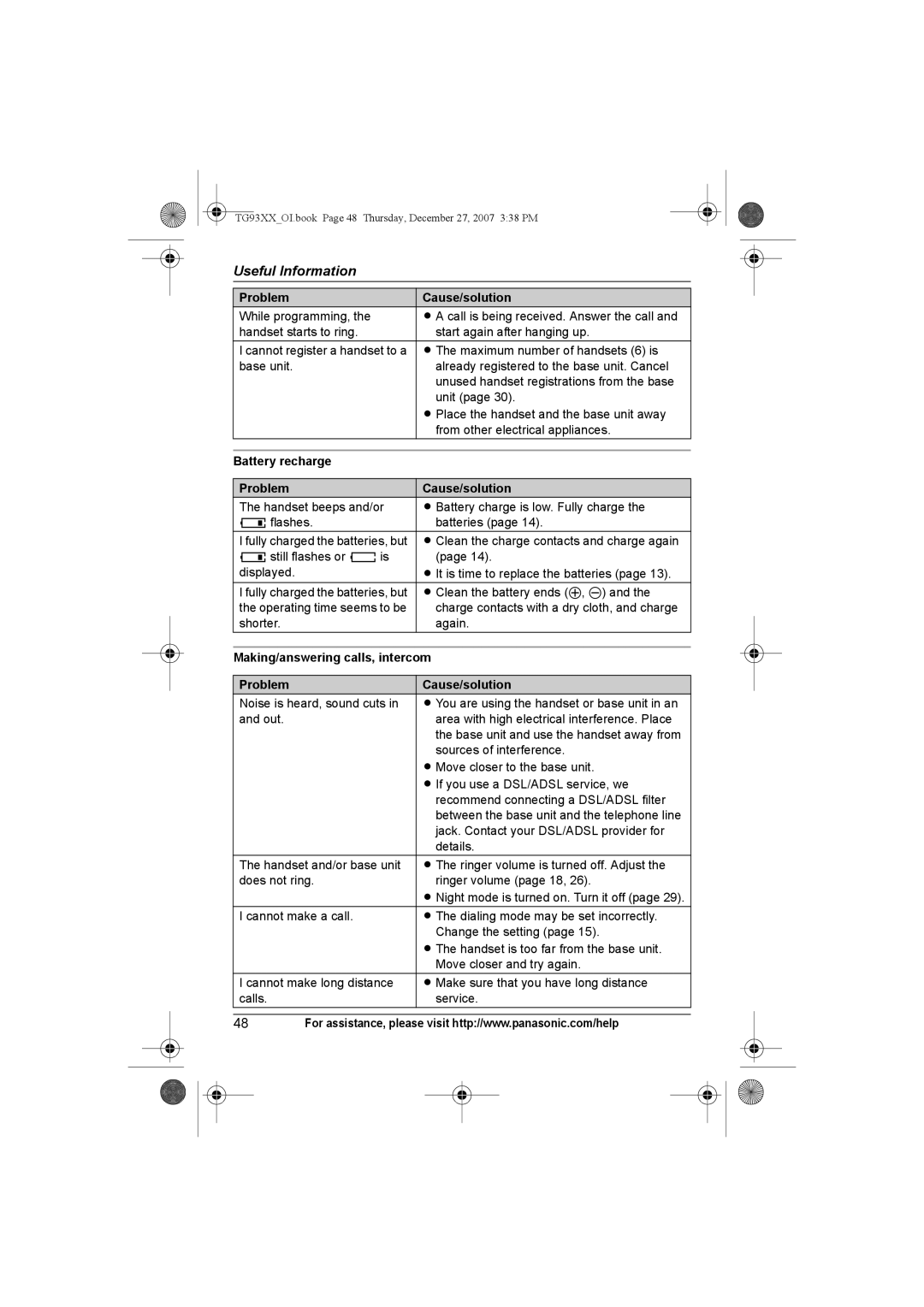Panasonic KX-TG9342, KX-TG9331, KX-TG9343 Battery recharge Problem Cause/solution, Making/answering calls, intercom 
