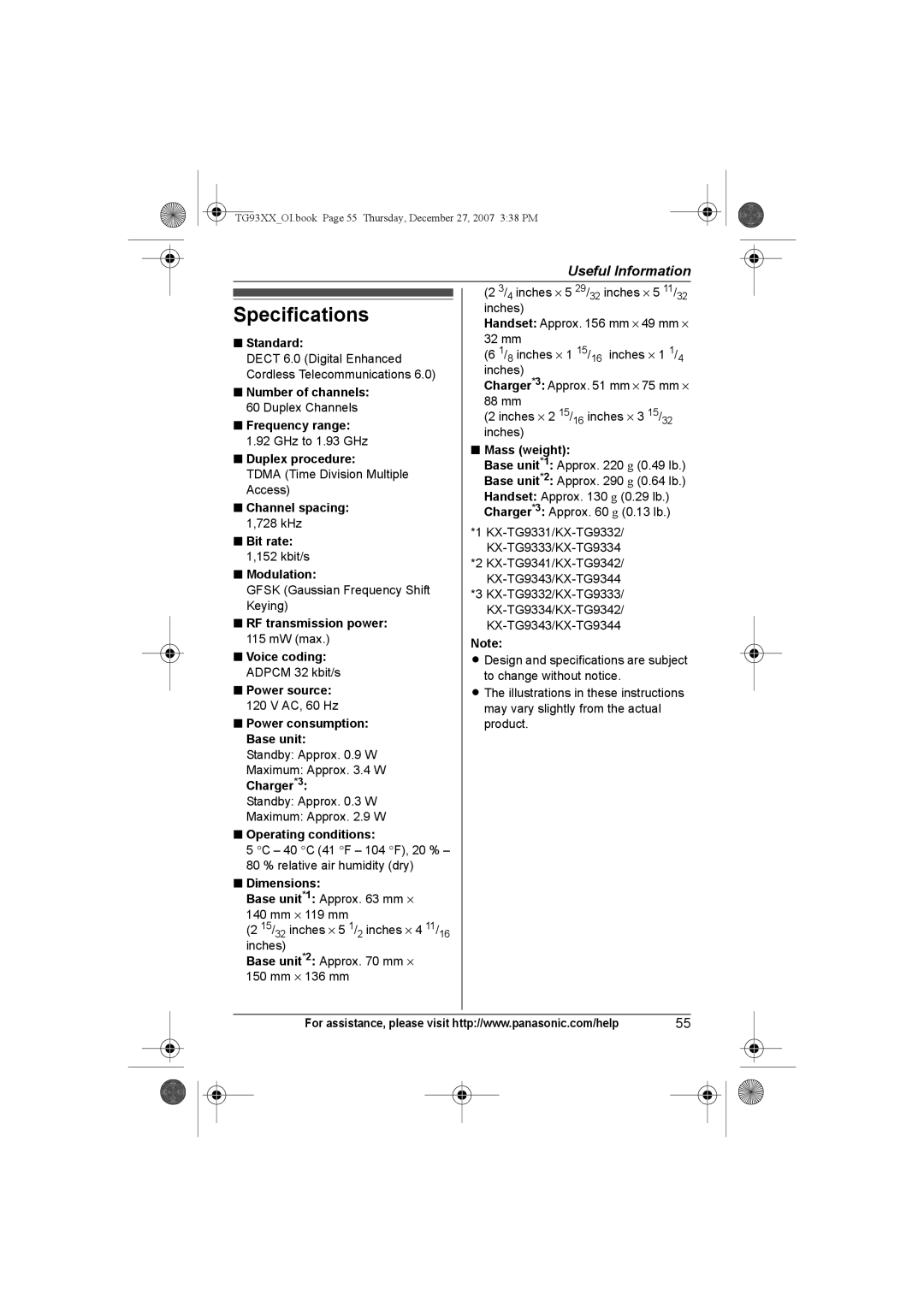 Panasonic KX-TG9342, KX-TG9331, KX-TG9343, KX-TG9334, KX-TG9333, KX-TG9332, KX-TG9341 operating instructions Specifications 