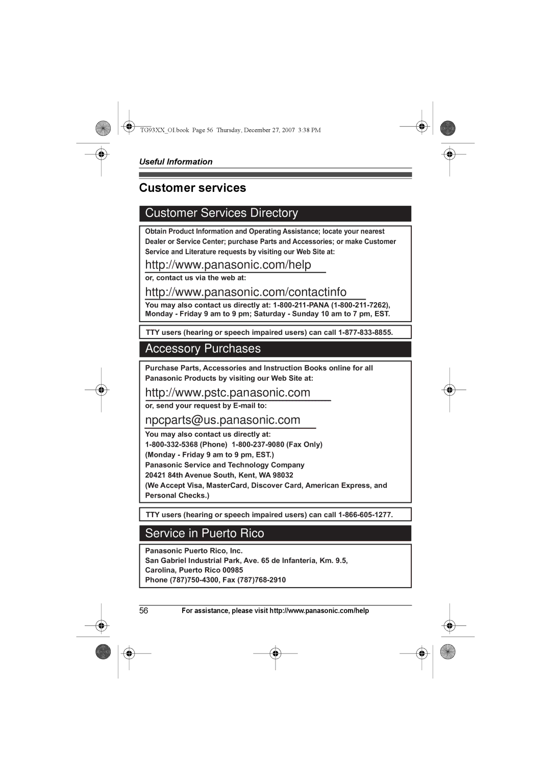 Panasonic KX-TG9331 Customer services, Or, contact us via the web at, TTY users hearing or speech impaired users can call 