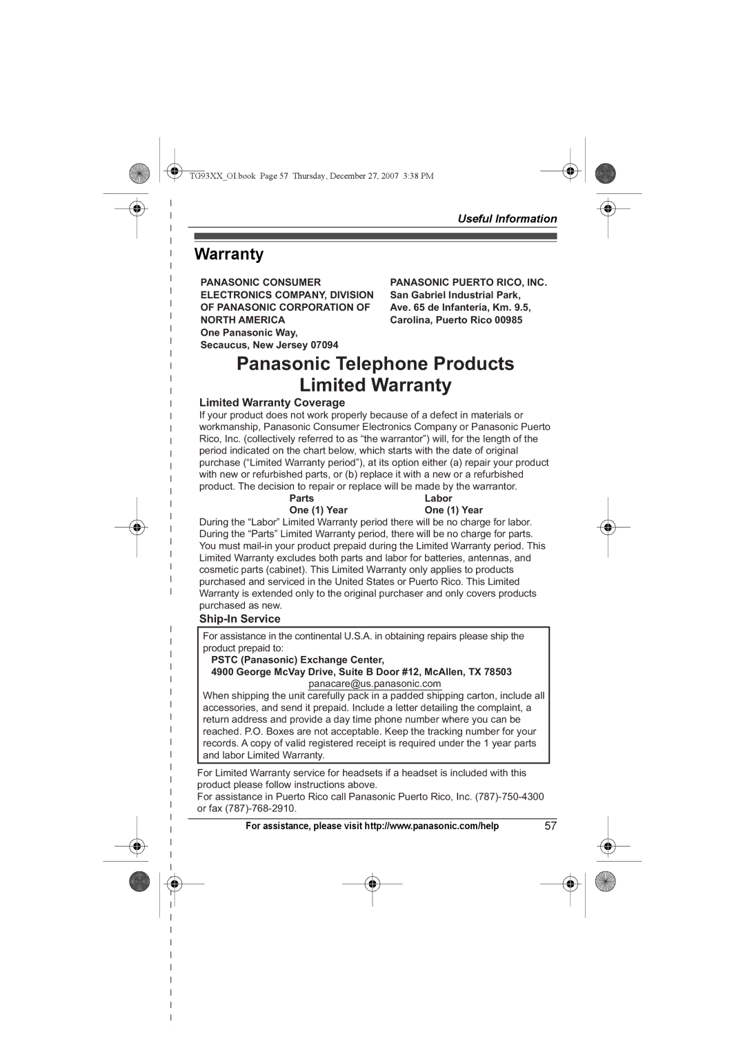 Panasonic KX-TG9343, KX-TG9331, KX-TG9334, KX-TG9333, KX-TG9332, KX-TG9341 Warranty, Panasonic Corporation, North America 