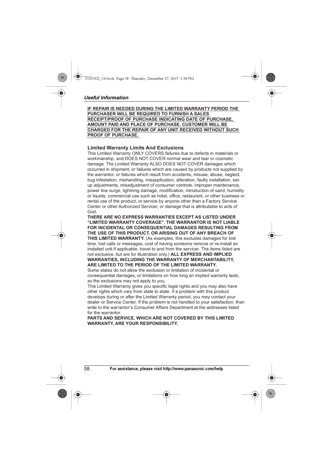 Panasonic KX-TG9334, KX-TG9331, KX-TG9343, KX-TG9333, KX-TG9332, KX-TG9341, KX-TG9342 Limited Warranty Limits And Exclusions 