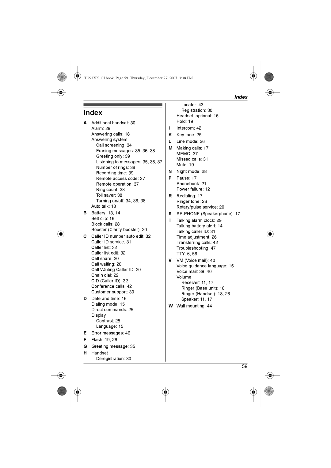 Panasonic KX-TG9333, KX-TG9331, KX-TG9343, KX-TG9334, KX-TG9332, KX-TG9341, KX-TG9342 operating instructions Index 